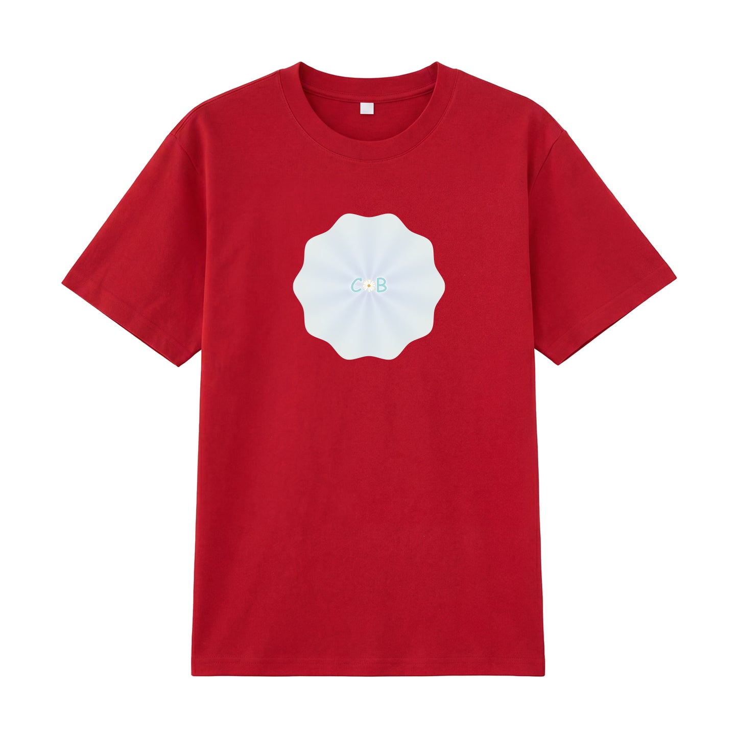 Detail view of red t恤 featuring PEARL SHELL BLOOM Staple Tee