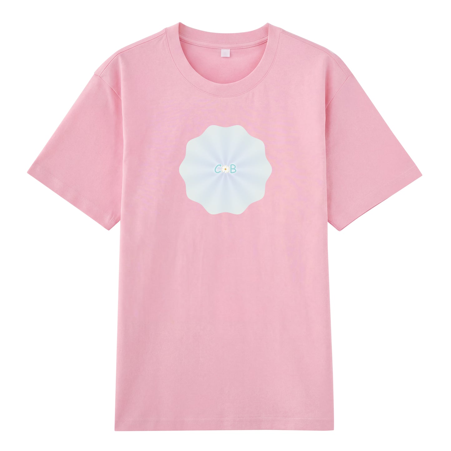 Detail view of pink t恤 featuring PEARL SHELL BLOOM Staple Tee
