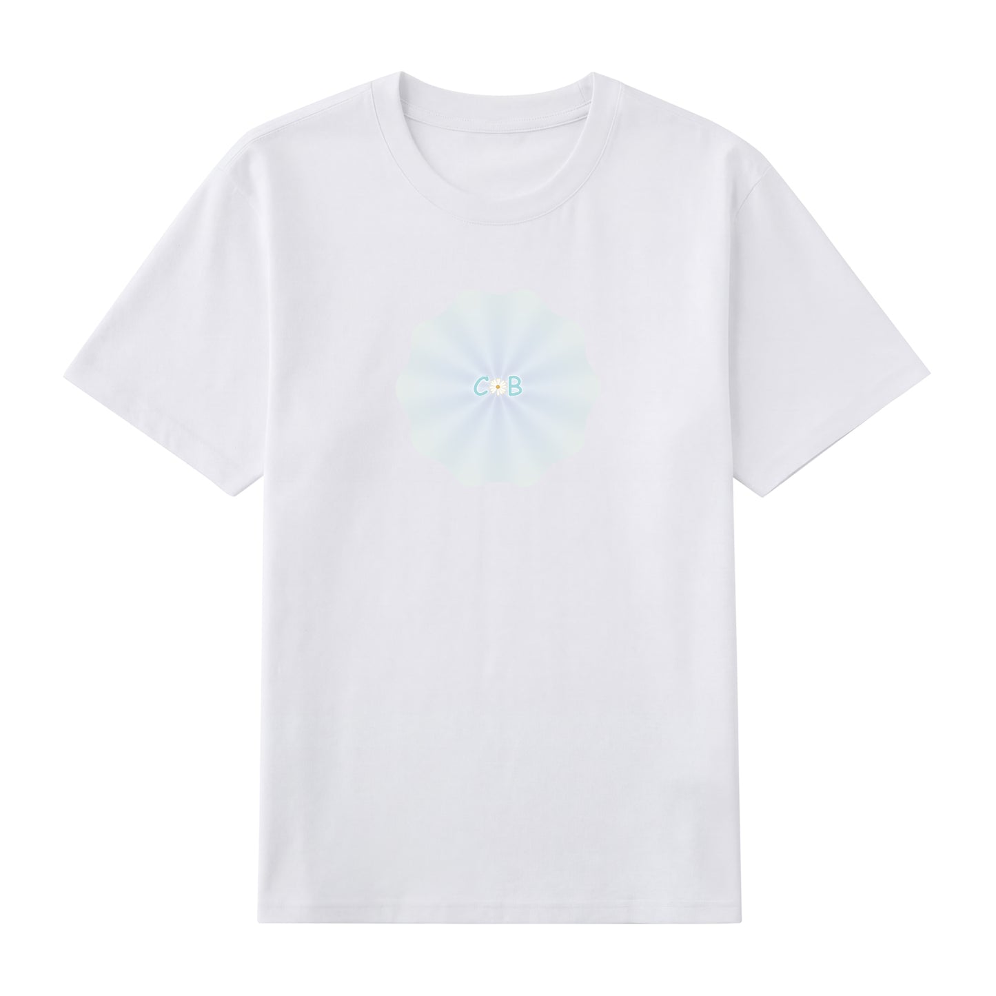 Detail view of white t恤 featuring PEARL SHELL BLOOM Staple Tee