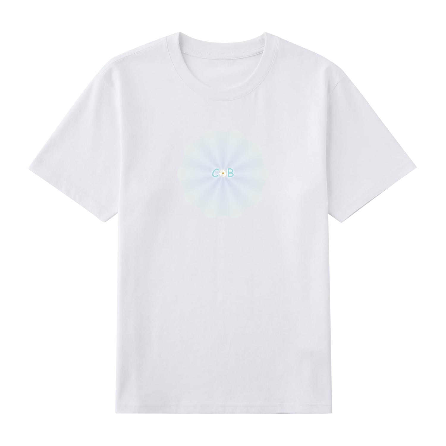 Detail view of white t恤 featuring PEARL SHELL BLOOM Staple Tee