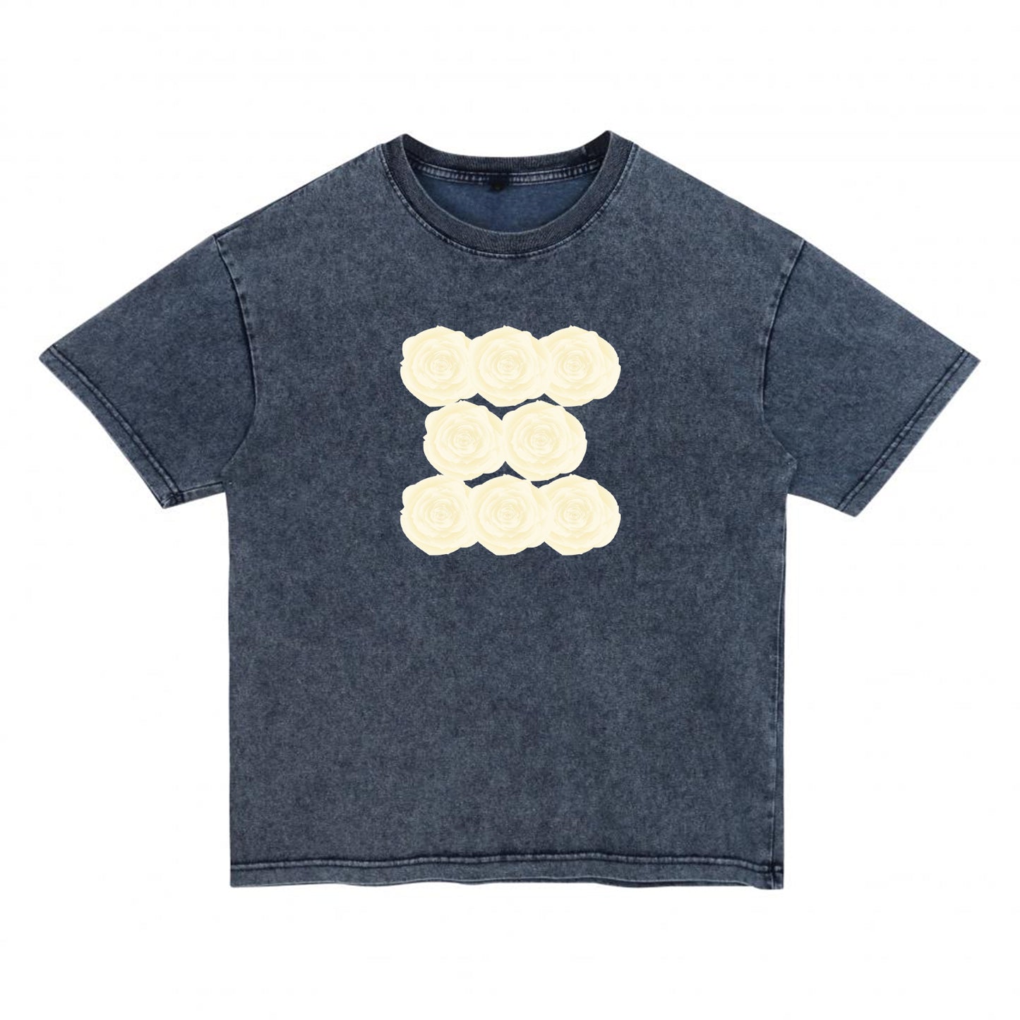 Front view of blue t恤 featuring Sunlit Vanilla Rose Denim Washed Tee