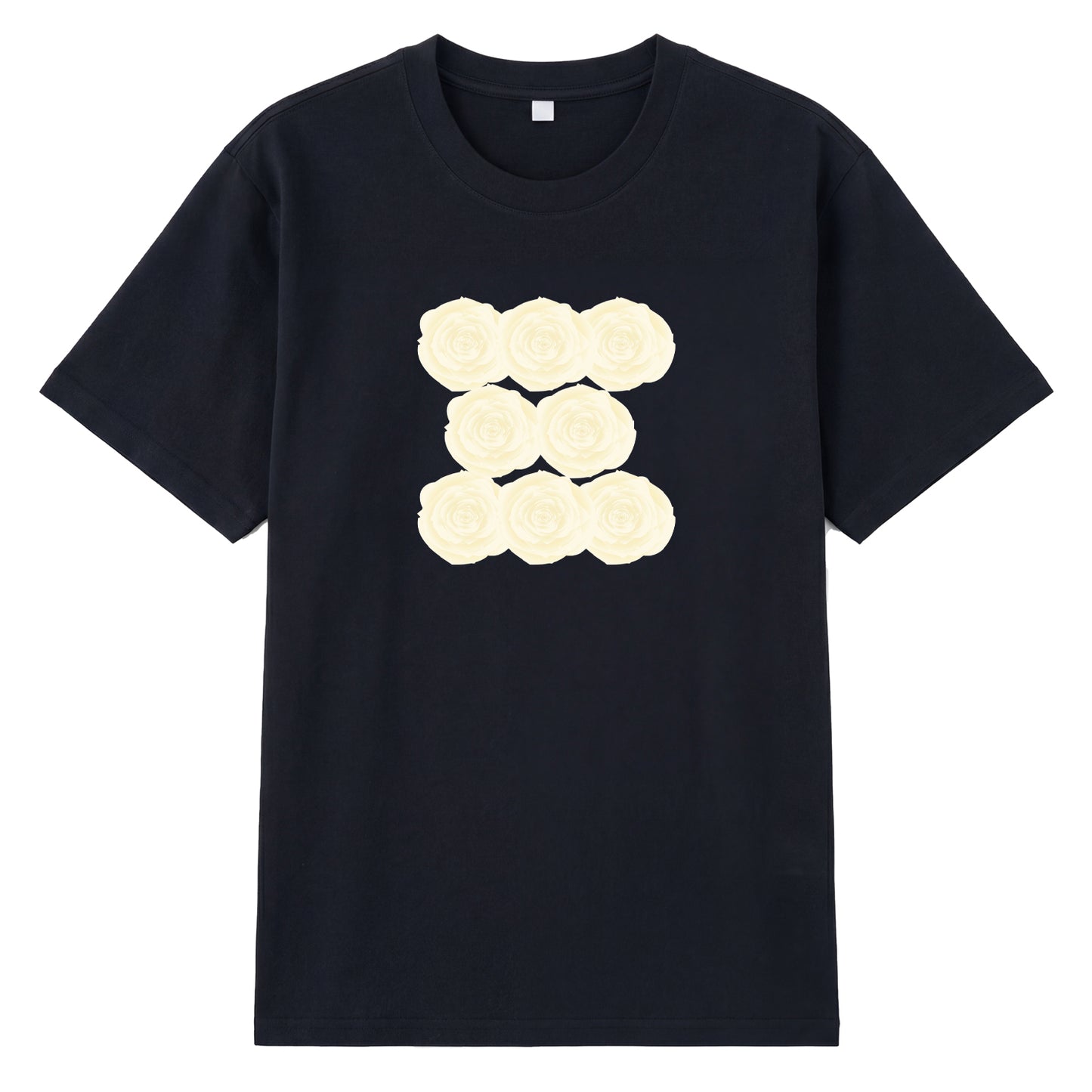 Detail view of black t恤 featuring Sunlit Vanilla Rose Staple Tee