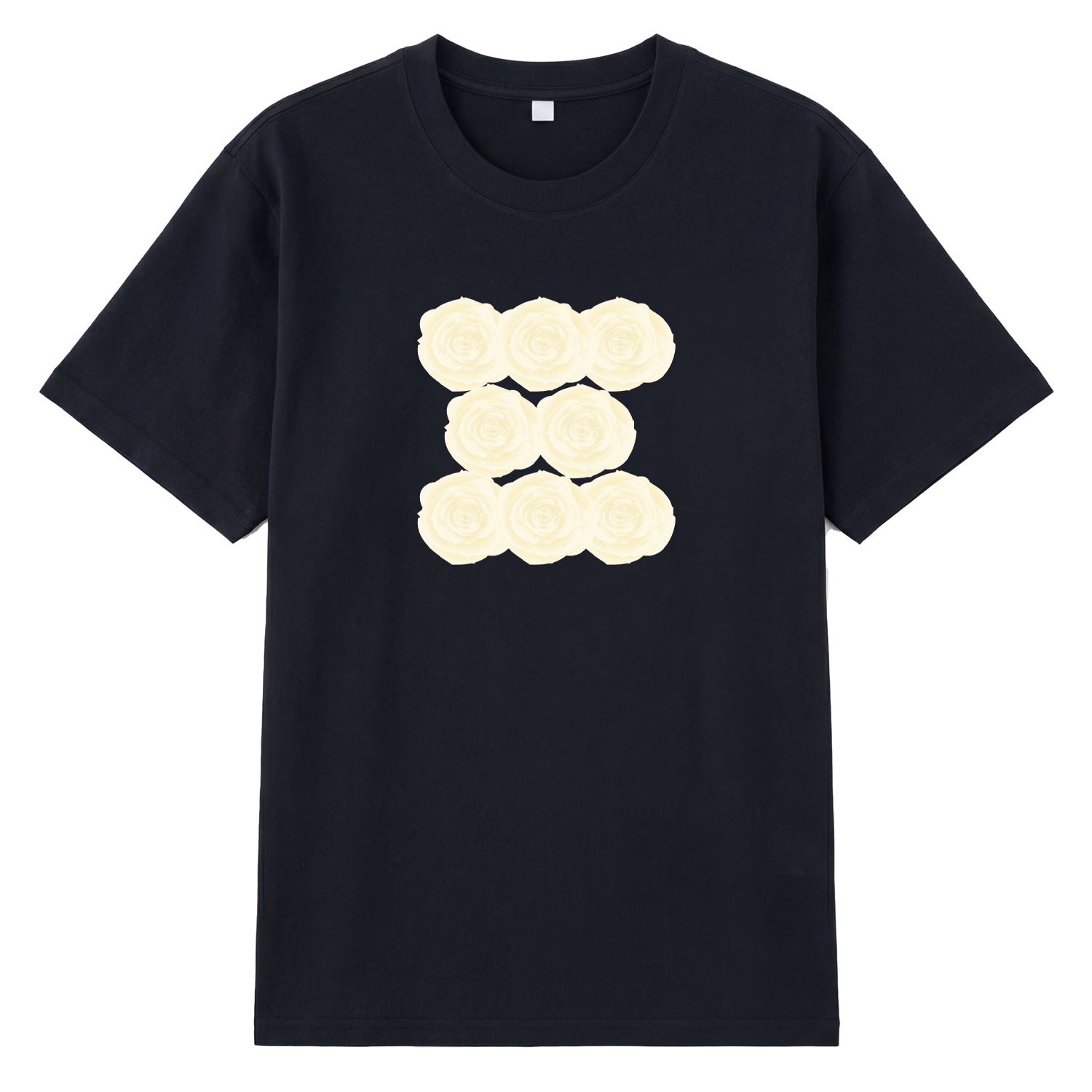 Detail view of black t恤 featuring Sunlit Vanilla Rose Staple Tee