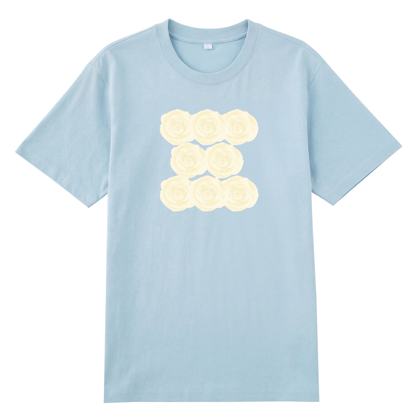 Front view of blue t恤 featuring Sunlit Vanilla Rose Staple Tee
