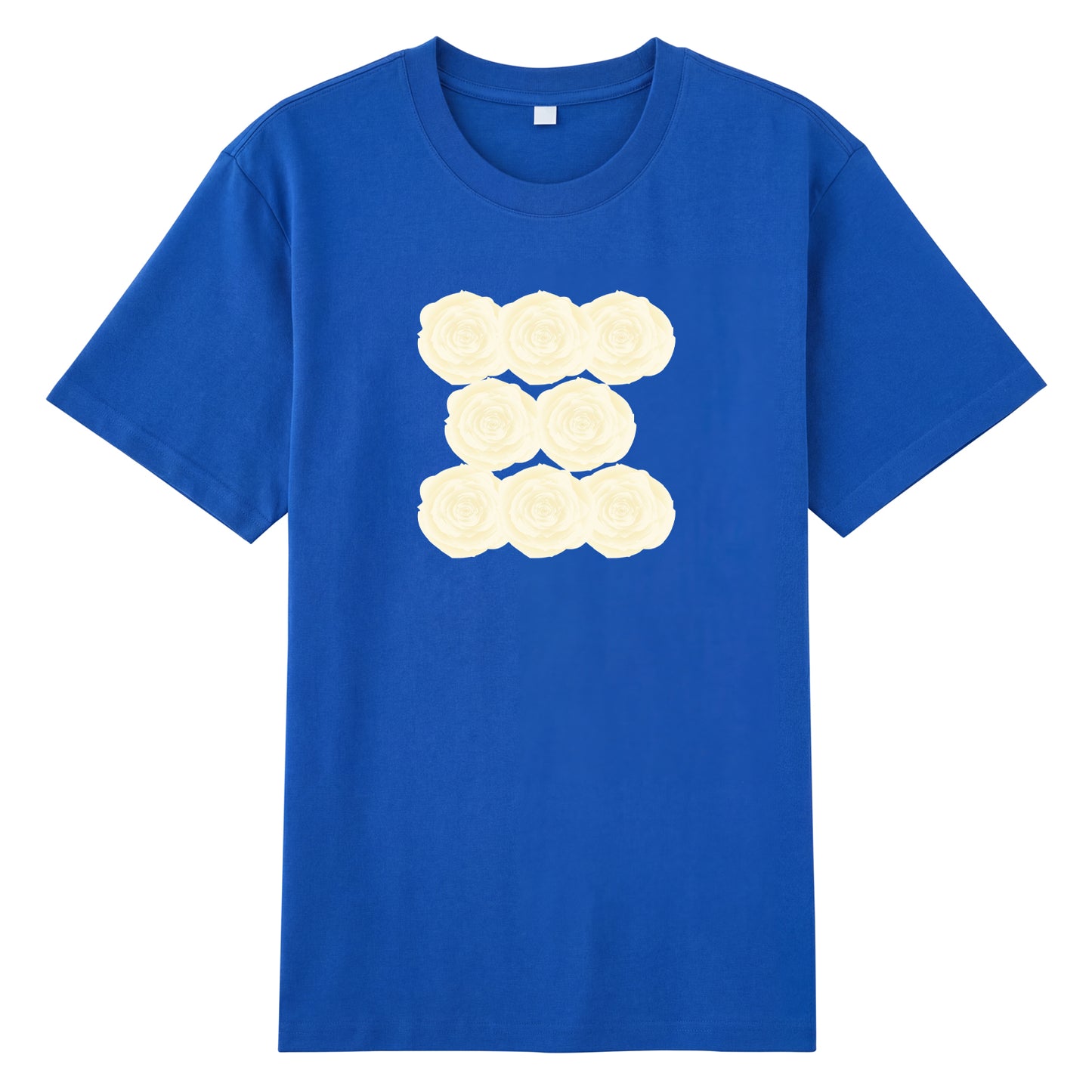 Detail view of blue t恤 featuring Sunlit Vanilla Rose Staple Tee