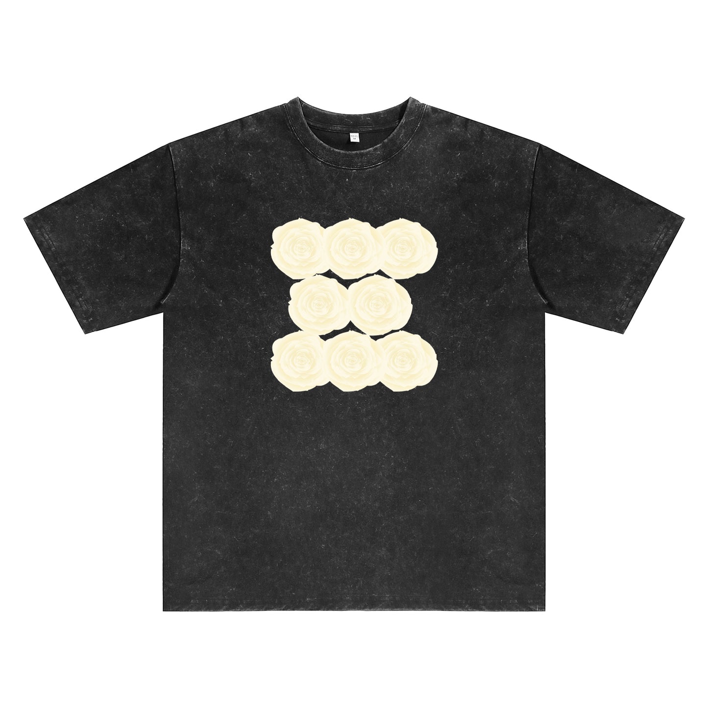 Detail view of black t恤 featuring Sunlit Vanilla Rose Vintage Tee