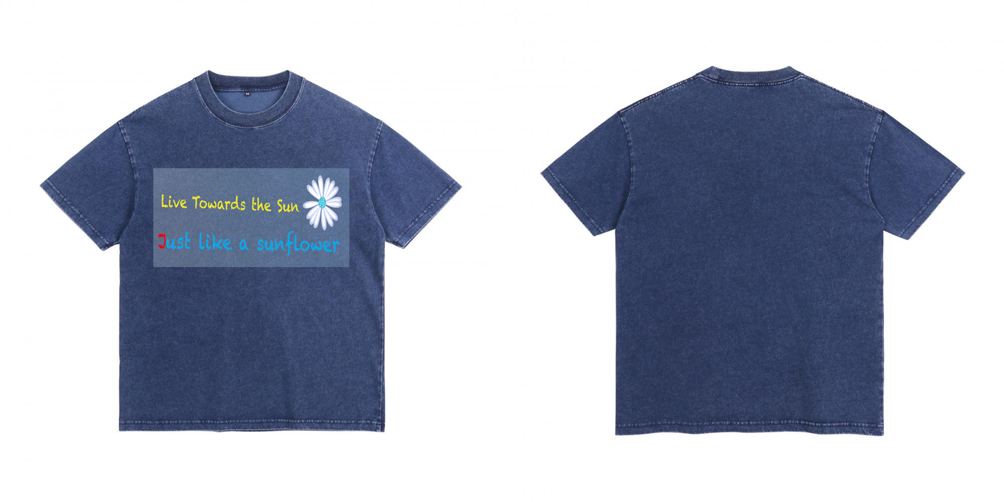"Live Towards the Sun" Sunflower Acid Wash Tee Denim-Effect Washed Cotton