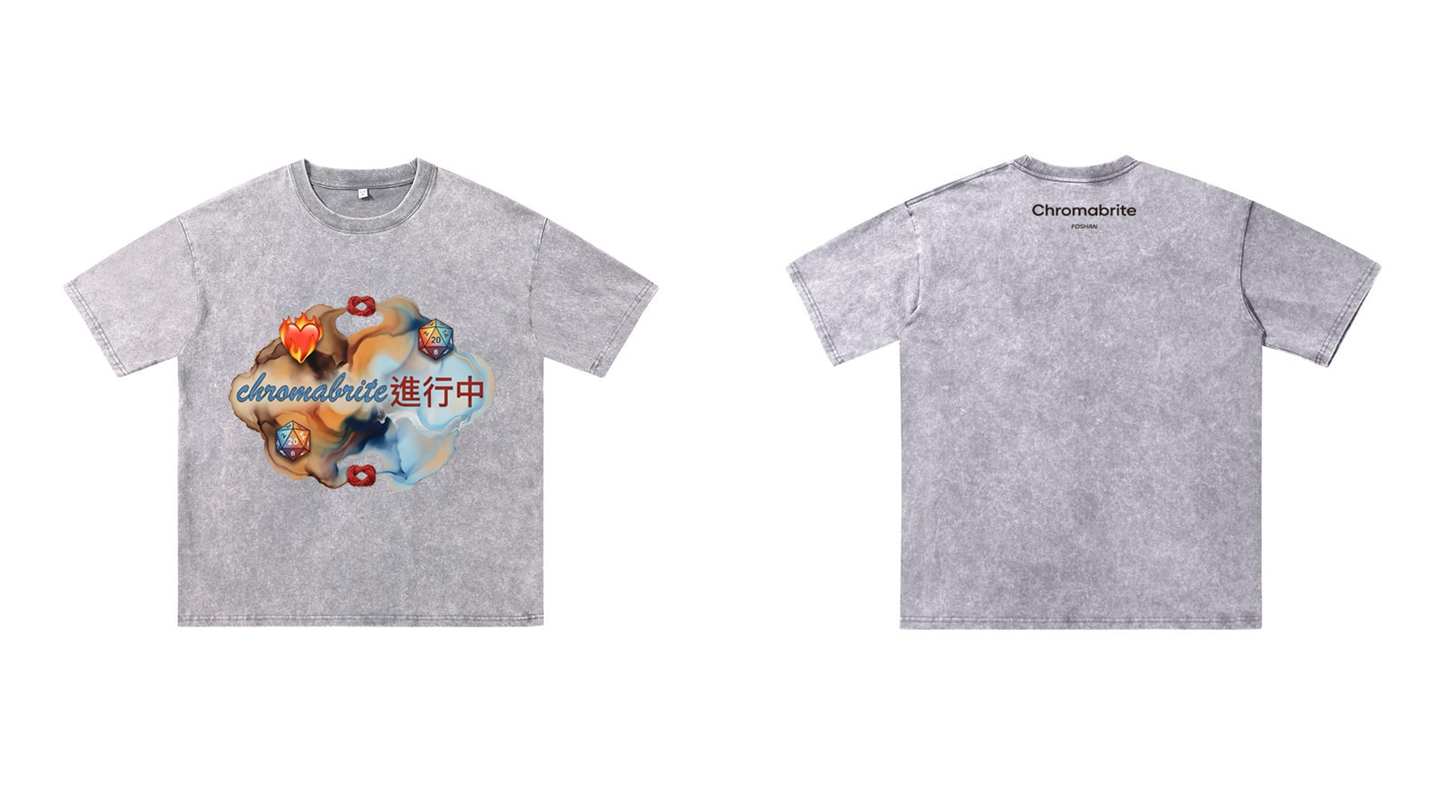 ChromaBrite Vintage Acid-Wash Oversized Graphic T-Shirt – Flaming Heart Dice "In Progress" Streetwear Tee ChromaBrite Clothing