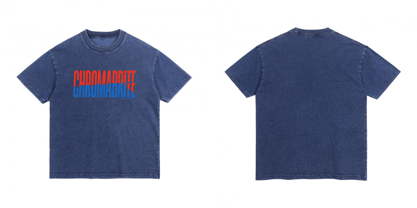 Acid Wash Charcoal Grey T-Shirt Unisex Oversized Drop Shoulder — CHROMADDITE Red Blue Split Print Streetwear Denim-Effect Washed Cotton