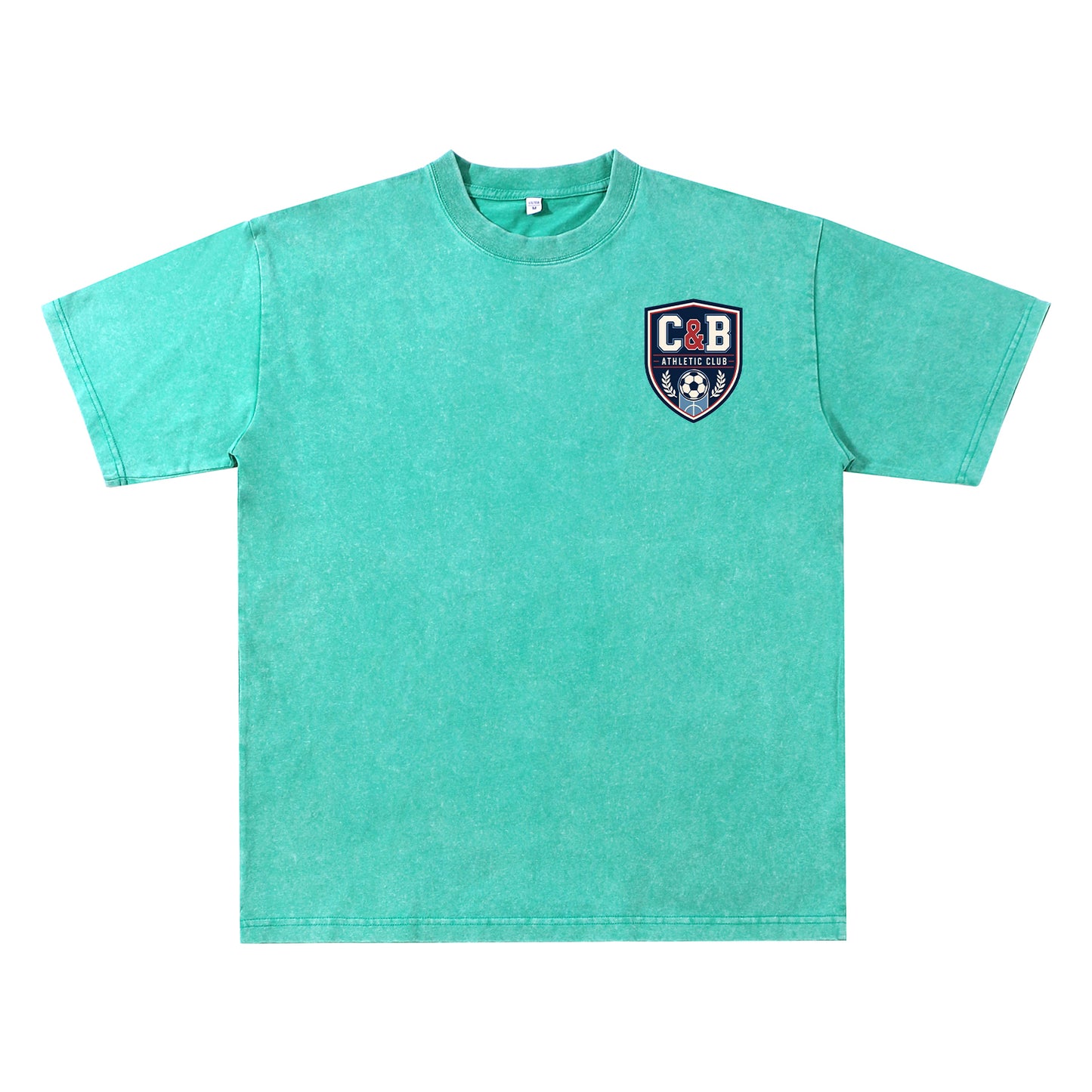 Detail view of green t恤 featuring C&B ATHLETIC CLUB Vintage Tee