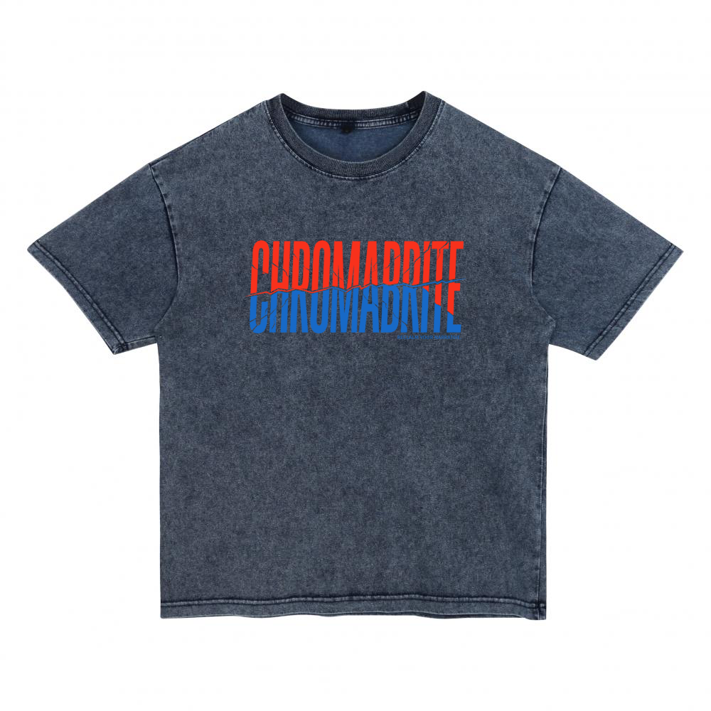 Acid Wash Charcoal Grey T-Shirt Unisex Oversized Drop Shoulder — CHROMADDITE Red Blue Split Print Streetwear Denim-Effect Washed Cotton