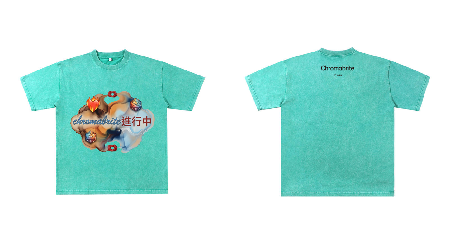 ChromaBrite Vintage Acid-Wash Oversized Graphic T-Shirt – Flaming Heart Dice "In Progress" Streetwear Tee ChromaBrite Clothing
