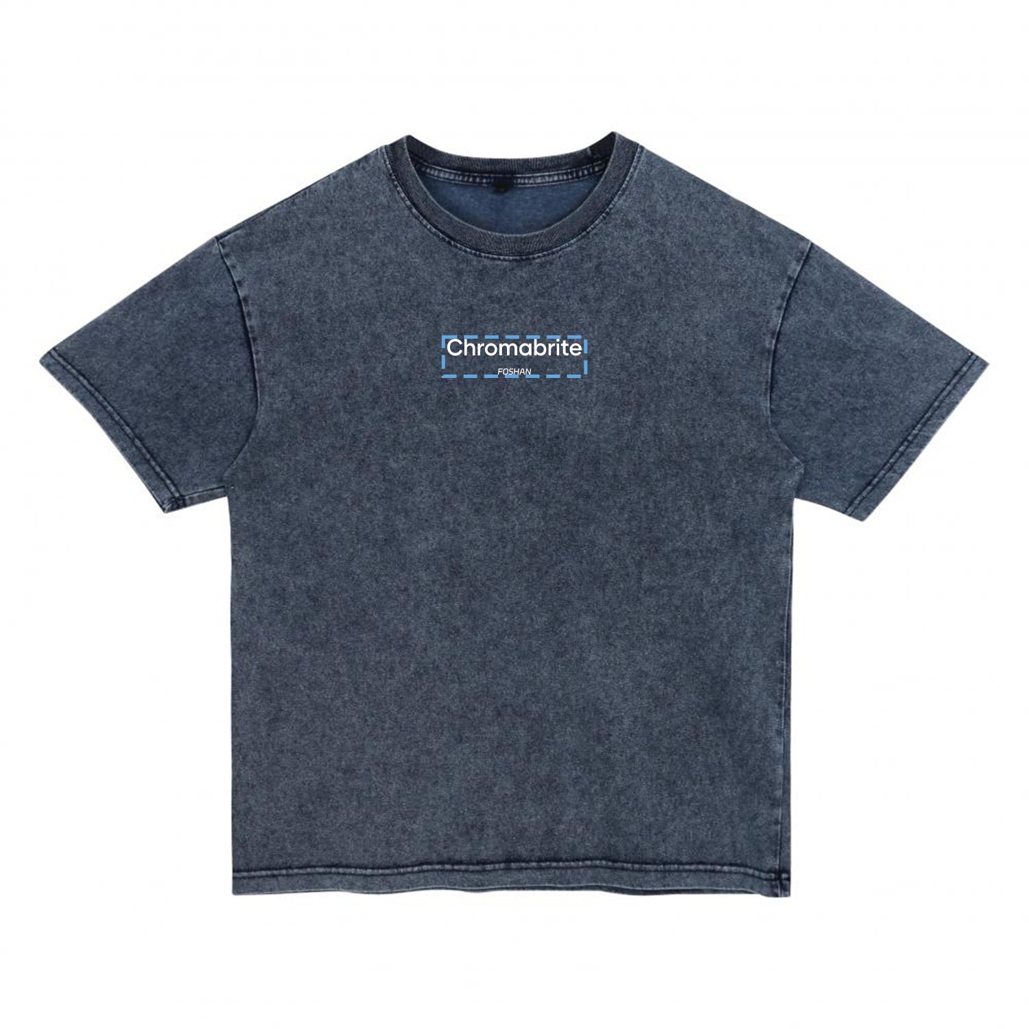 Front view of blue t恤 featuring ChromaBrite Foshan Denim Washed Tee