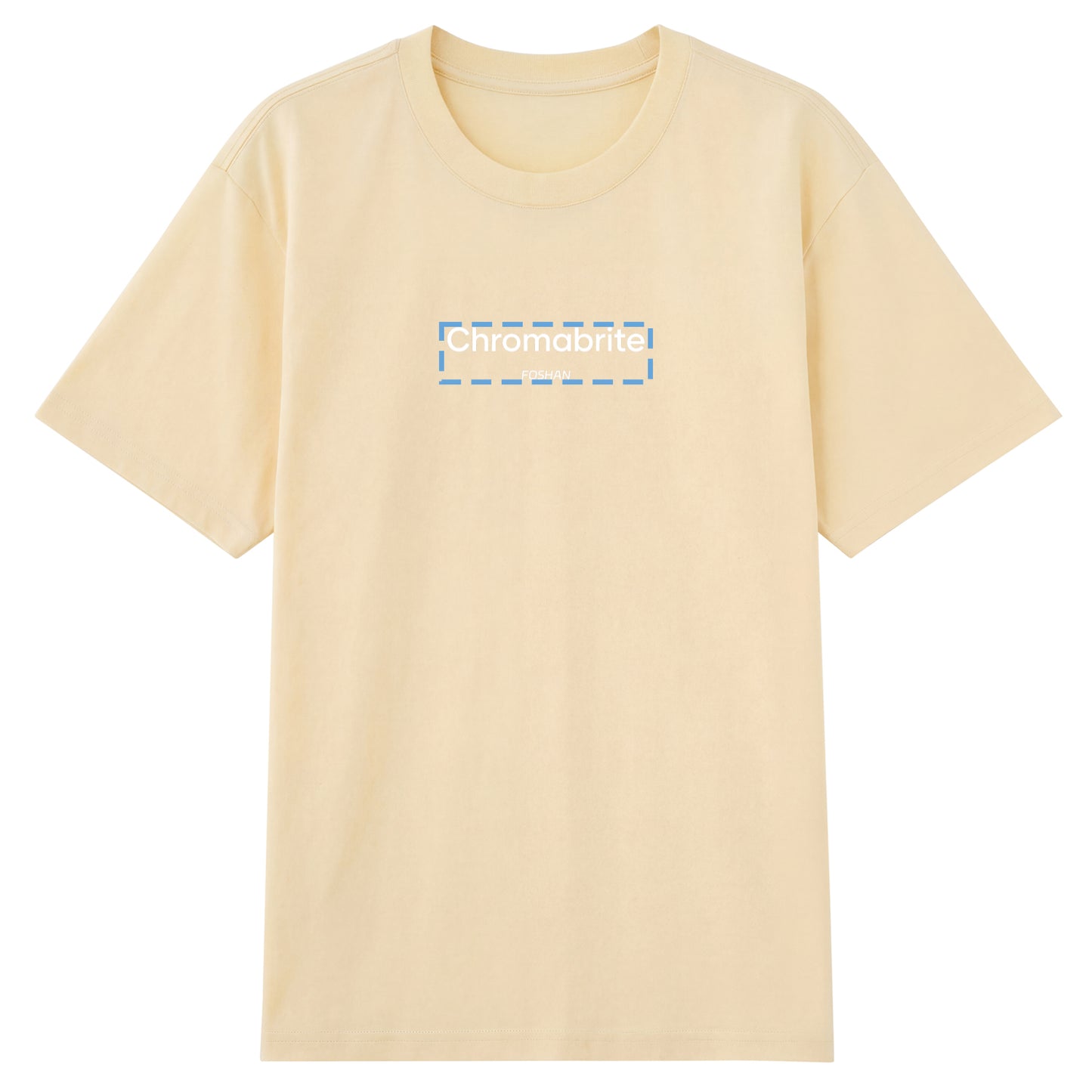 Detail view of beige t恤 featuring ChromaBrite Foshan Staple Tee
