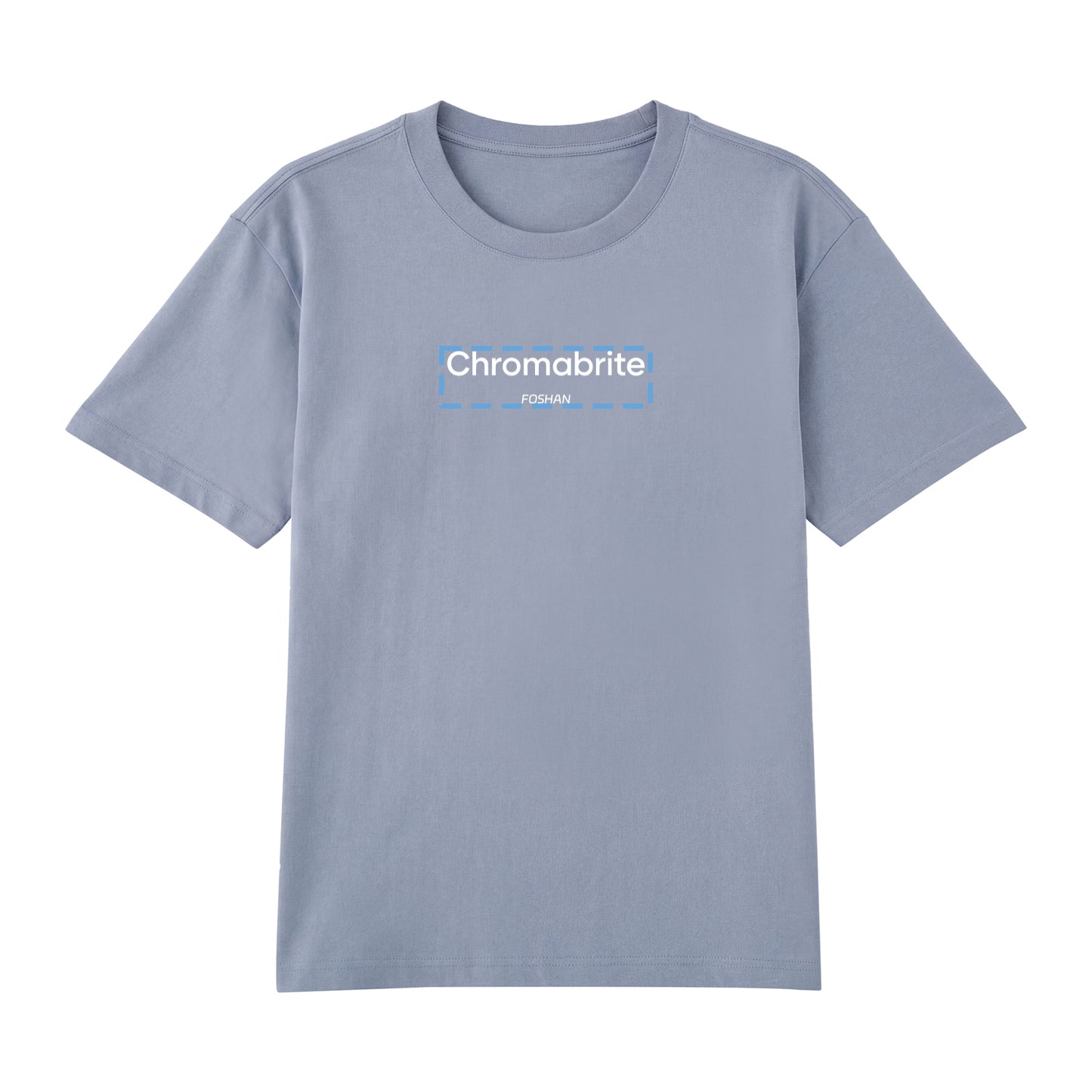 Detail view of blue t恤 featuring ChromaBrite Foshan Staple Tee
