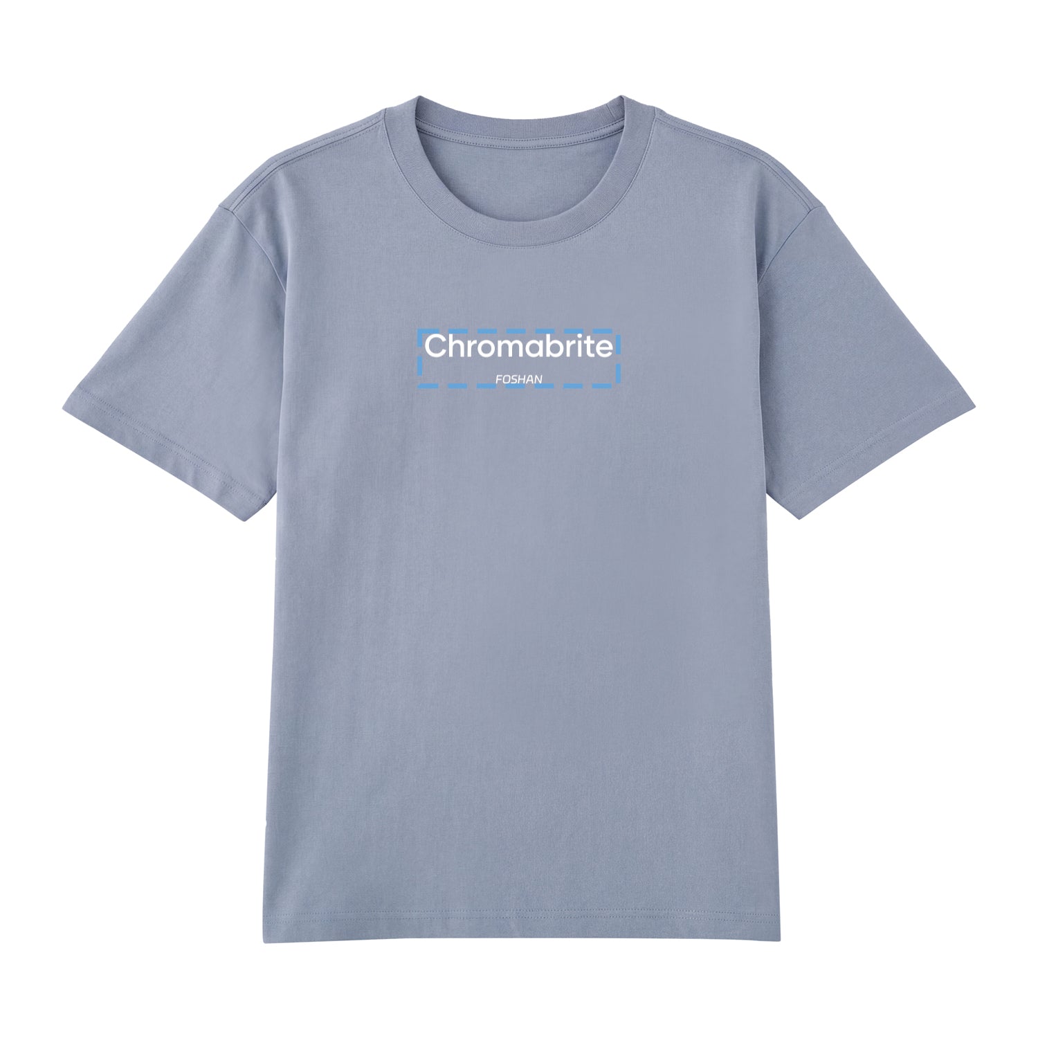 Detail view of blue t恤 featuring ChromaBrite Foshan Staple Tee