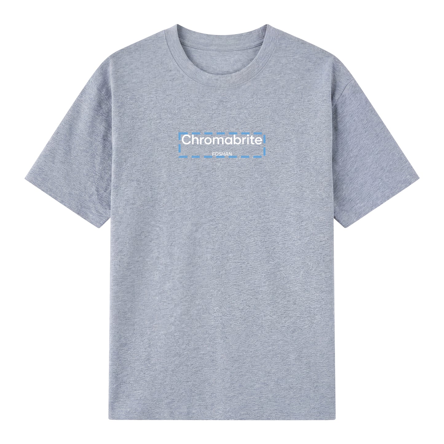 Detail view of gray t恤 featuring ChromaBrite Foshan Staple Tee