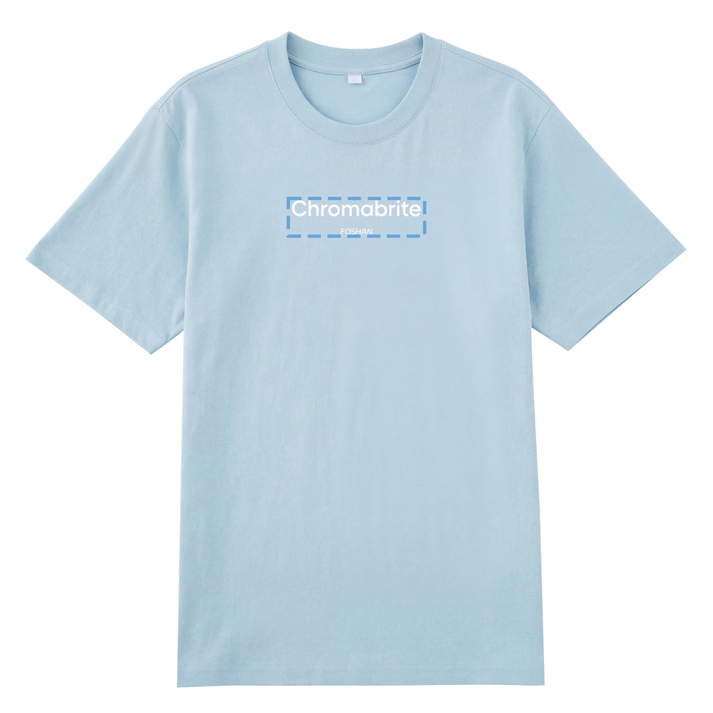 Detail view of blue t恤 featuring ChromaBrite Foshan Staple Tee