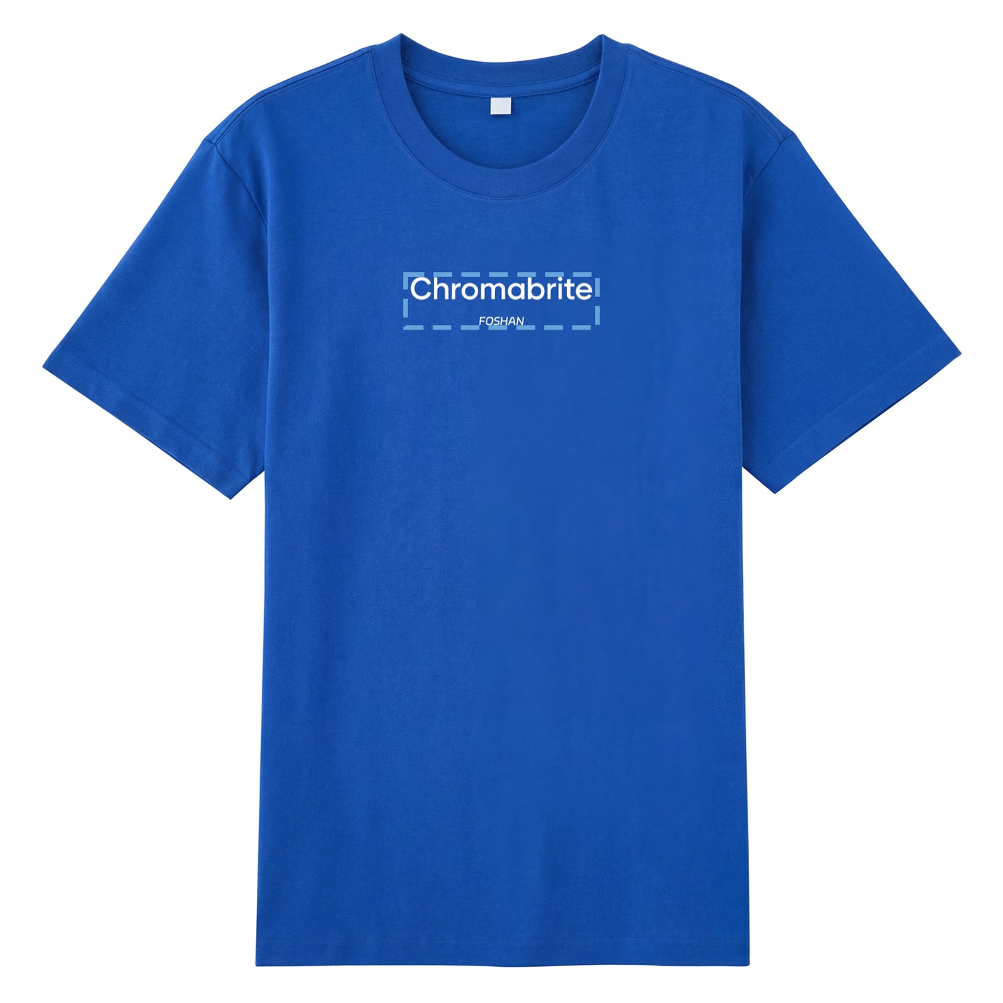 Detail view of blue t恤 featuring ChromaBrite Foshan Staple Tee
