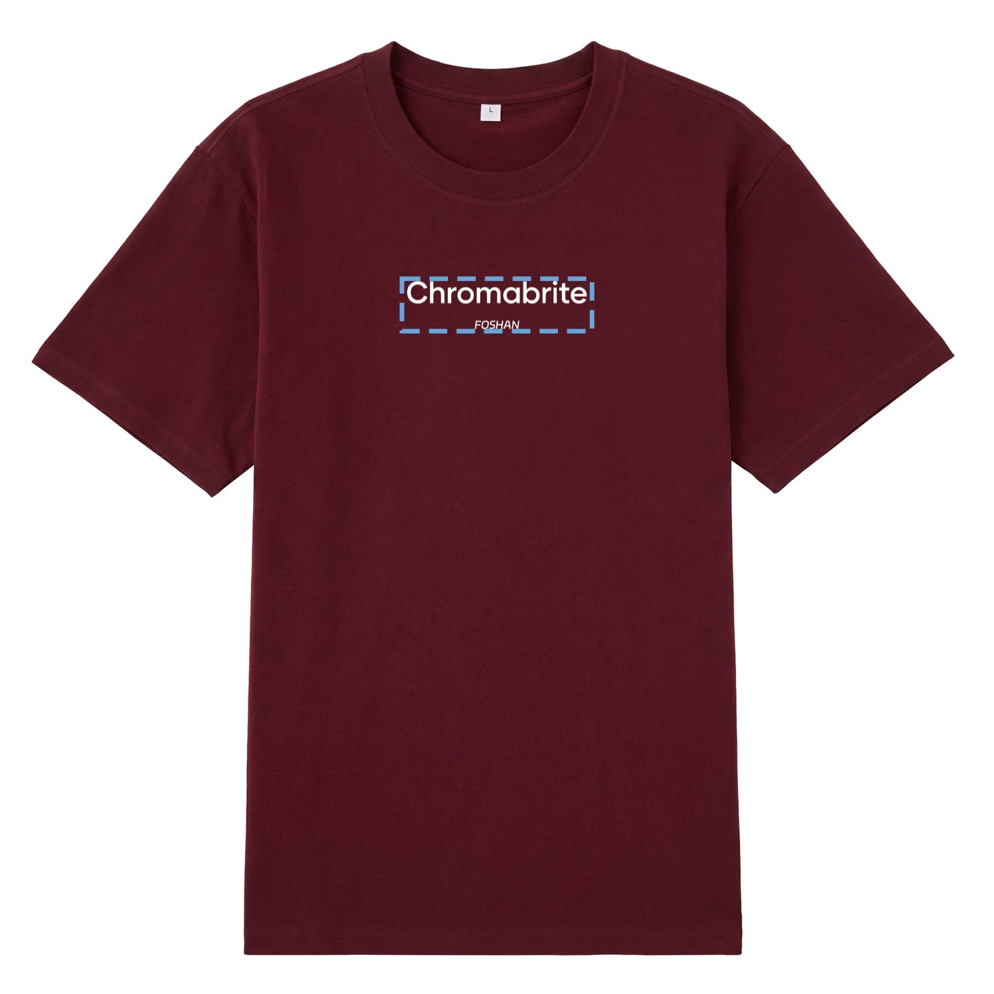 Detail view of red t恤 featuring ChromaBrite Foshan Staple Tee