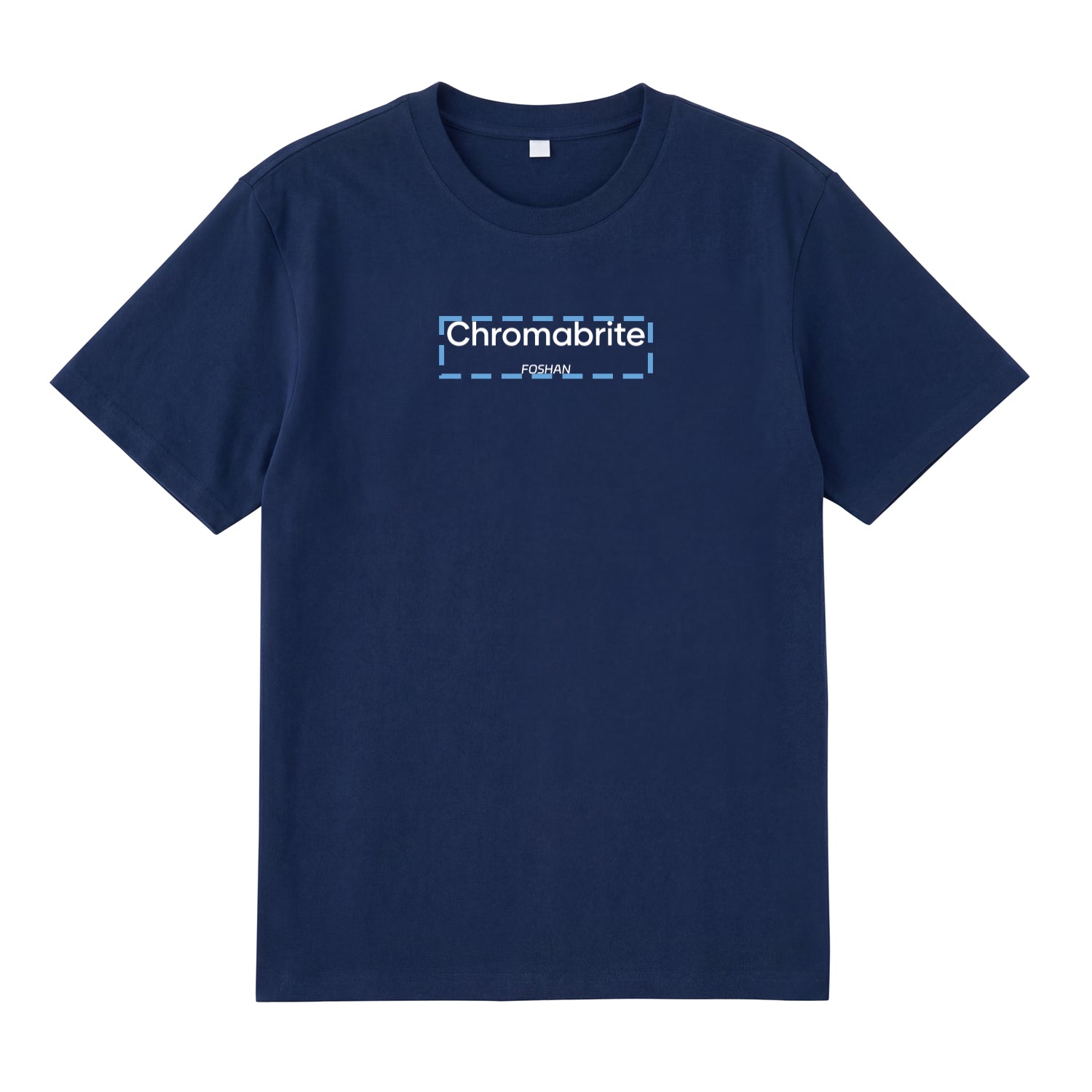 Detail view of navy t恤 featuring ChromaBrite Foshan Staple Tee