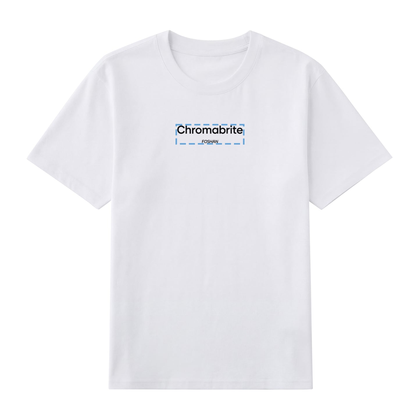 Detail view of white t恤 featuring ChromaBrite Foshan Staple Tee