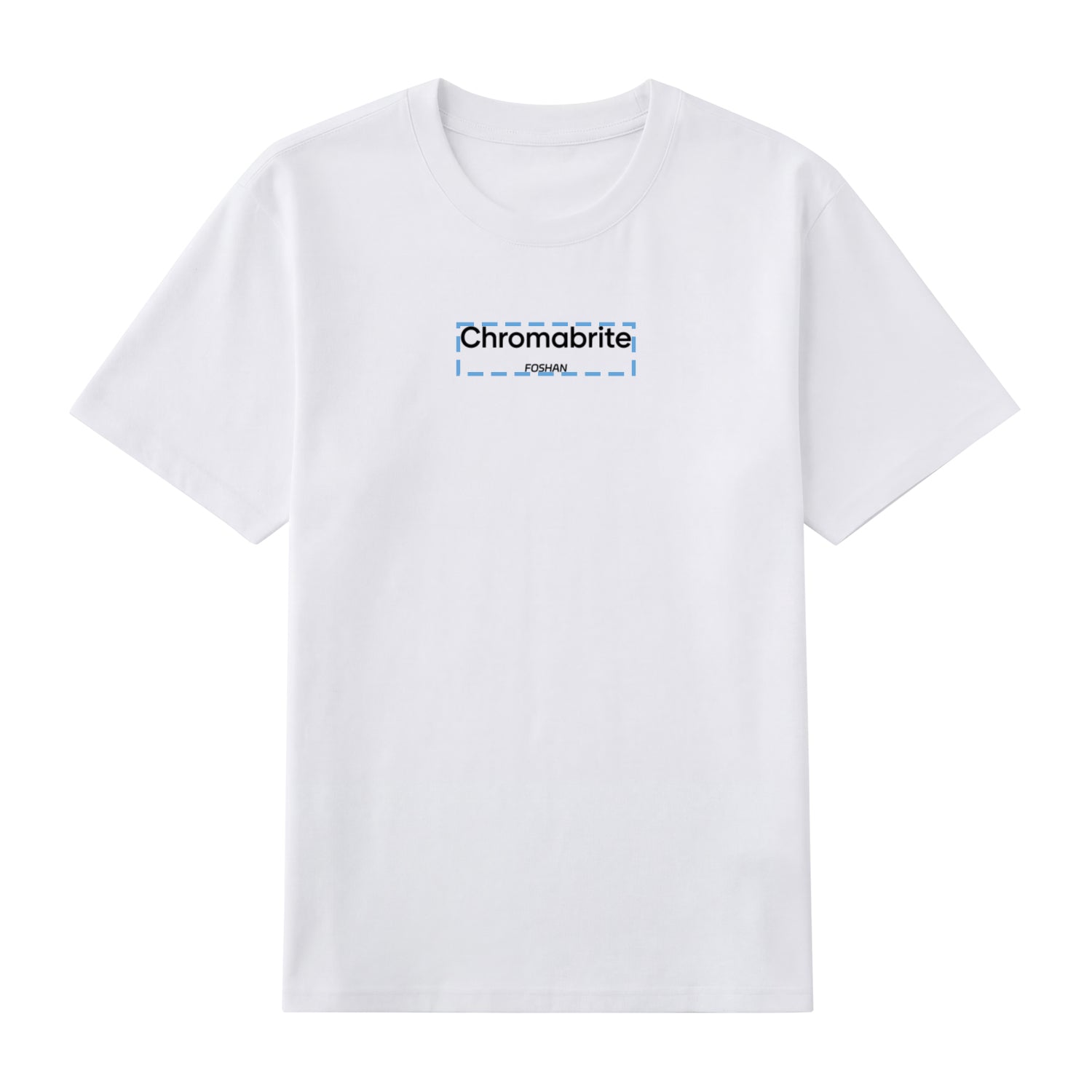 Detail view of white t恤 featuring ChromaBrite Foshan Staple Tee