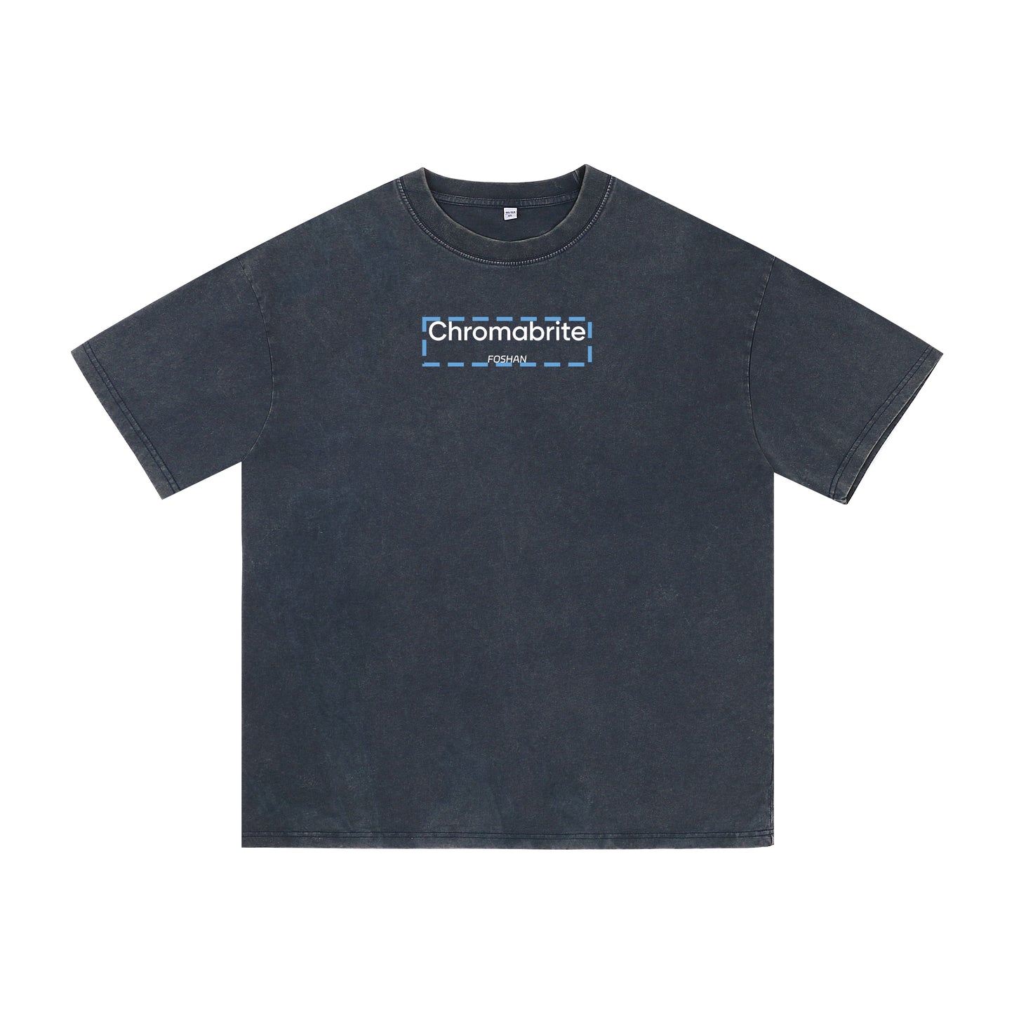 Detail view of blue t恤 featuring ChromaBrite Foshan Vintage Tee