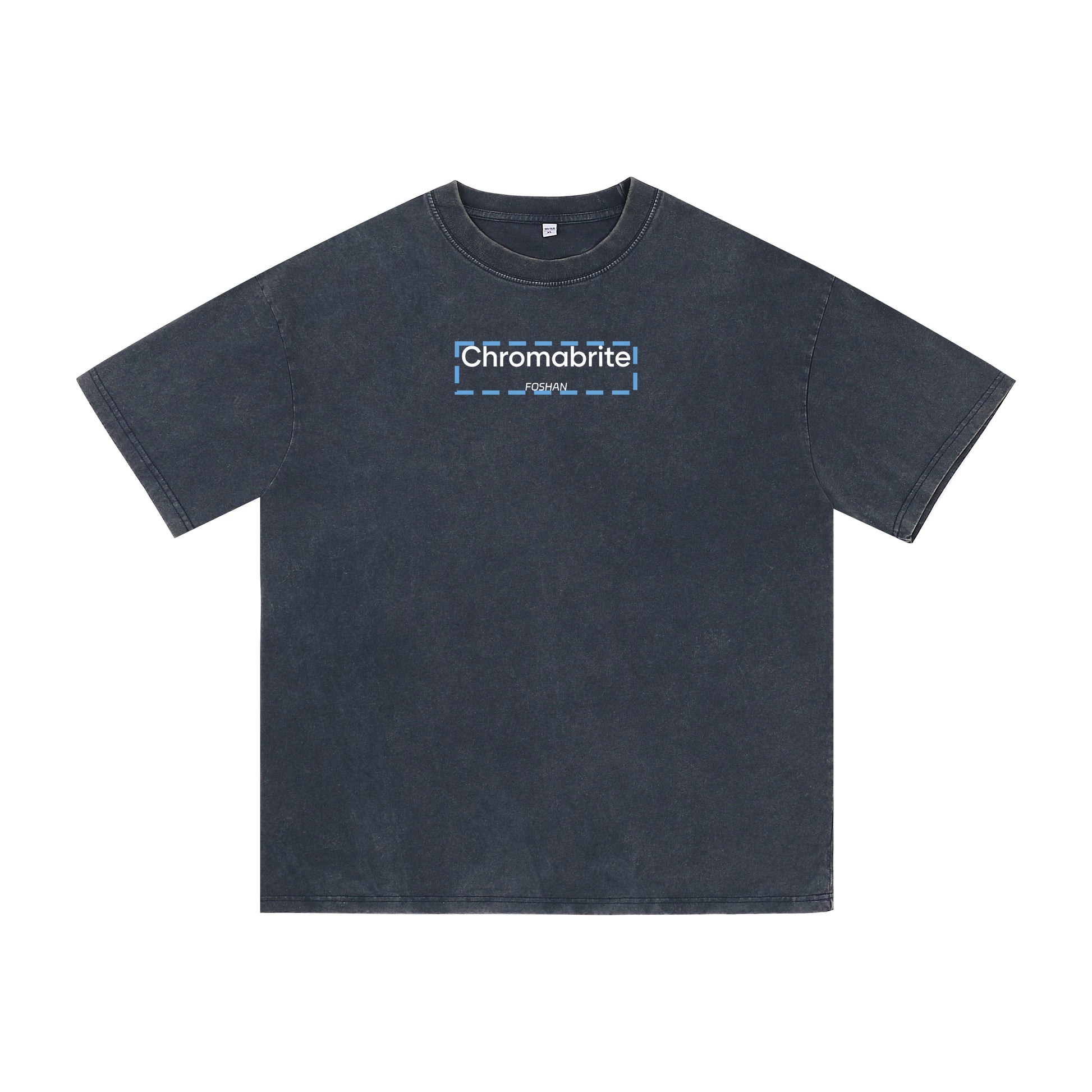 Detail view of blue t恤 featuring ChromaBrite Foshan Vintage Tee