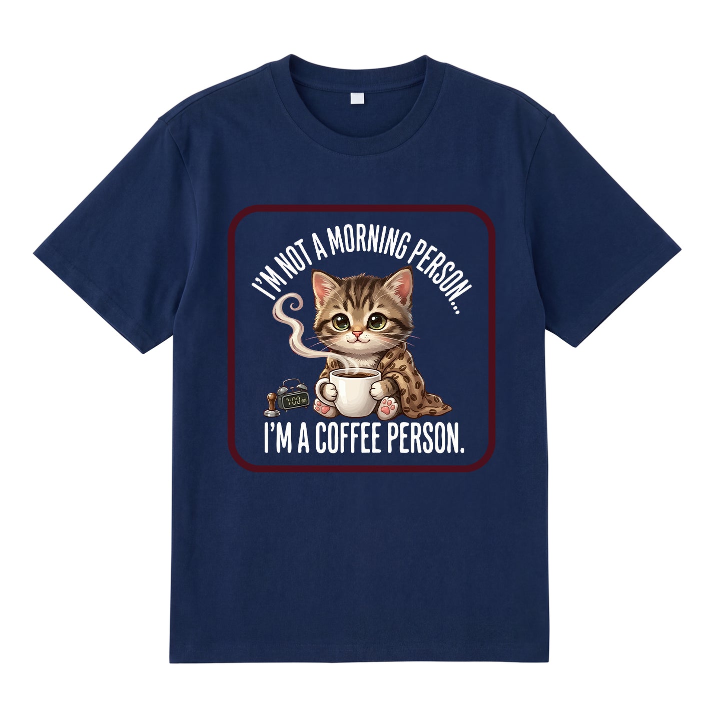 Detail view of navy t恤 featuring Coffee Person Staple Tee