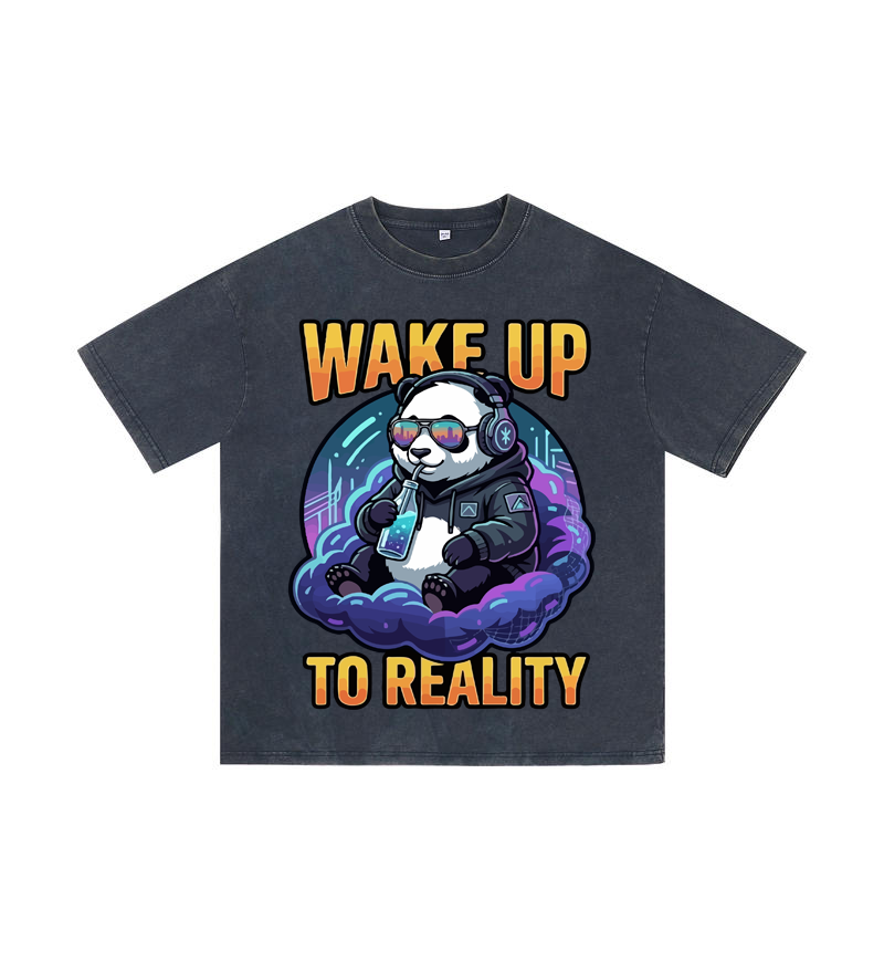 "Wake Up to Reality" Panda Acid Wash Tee - Cyberpunk Aesthetic