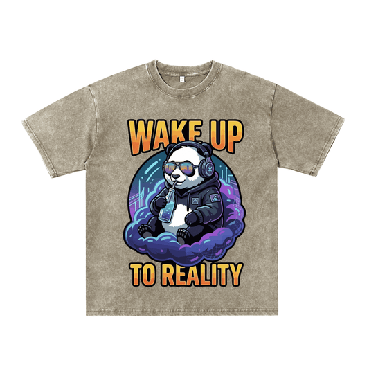 "Wake Up to Reality" Panda Acid Wash Tee - Cyberpunk Aesthetic