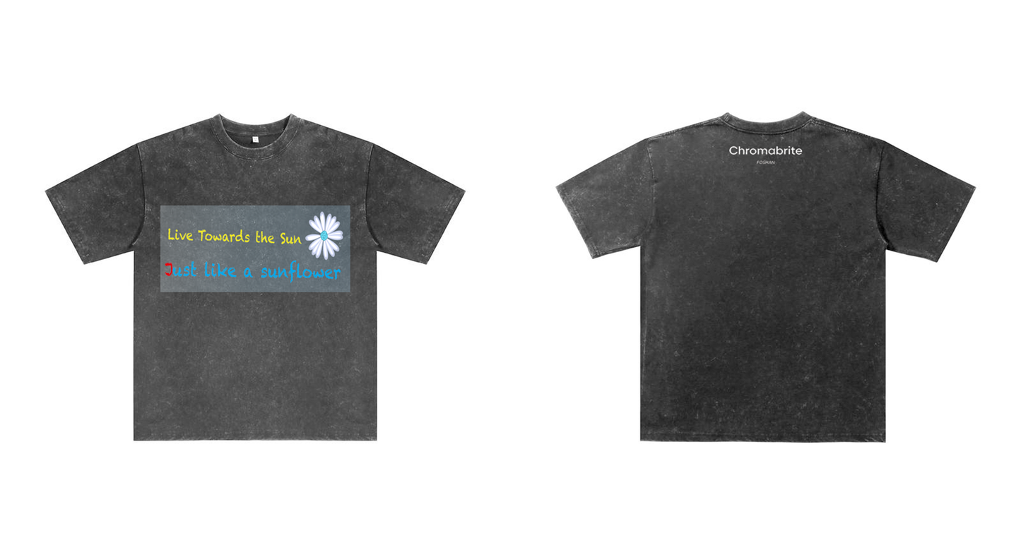 Chromabrite Vintage Acid-Wash Oversized Graphic T-Shirt – "Live Towards the Sun" Streetwear Sunflower Print Washed Cotton Tee ChromaBrite Clothing
