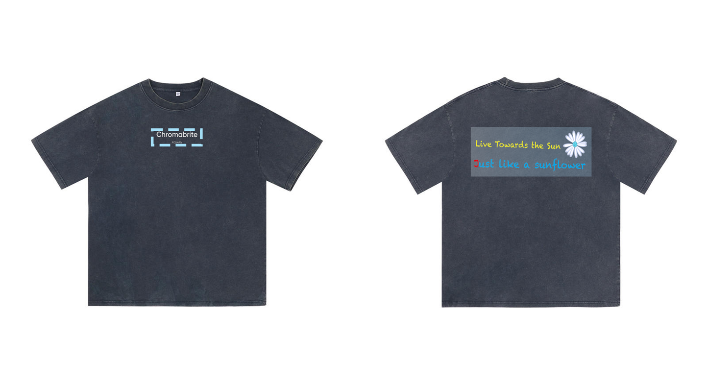 ChromaBrite Vintage Acid-Wash Oversized Graphic T-Shirt – "進行中" Wireframe Polyhedron Streetwear Unisex Tee ChromaBrite Clothing