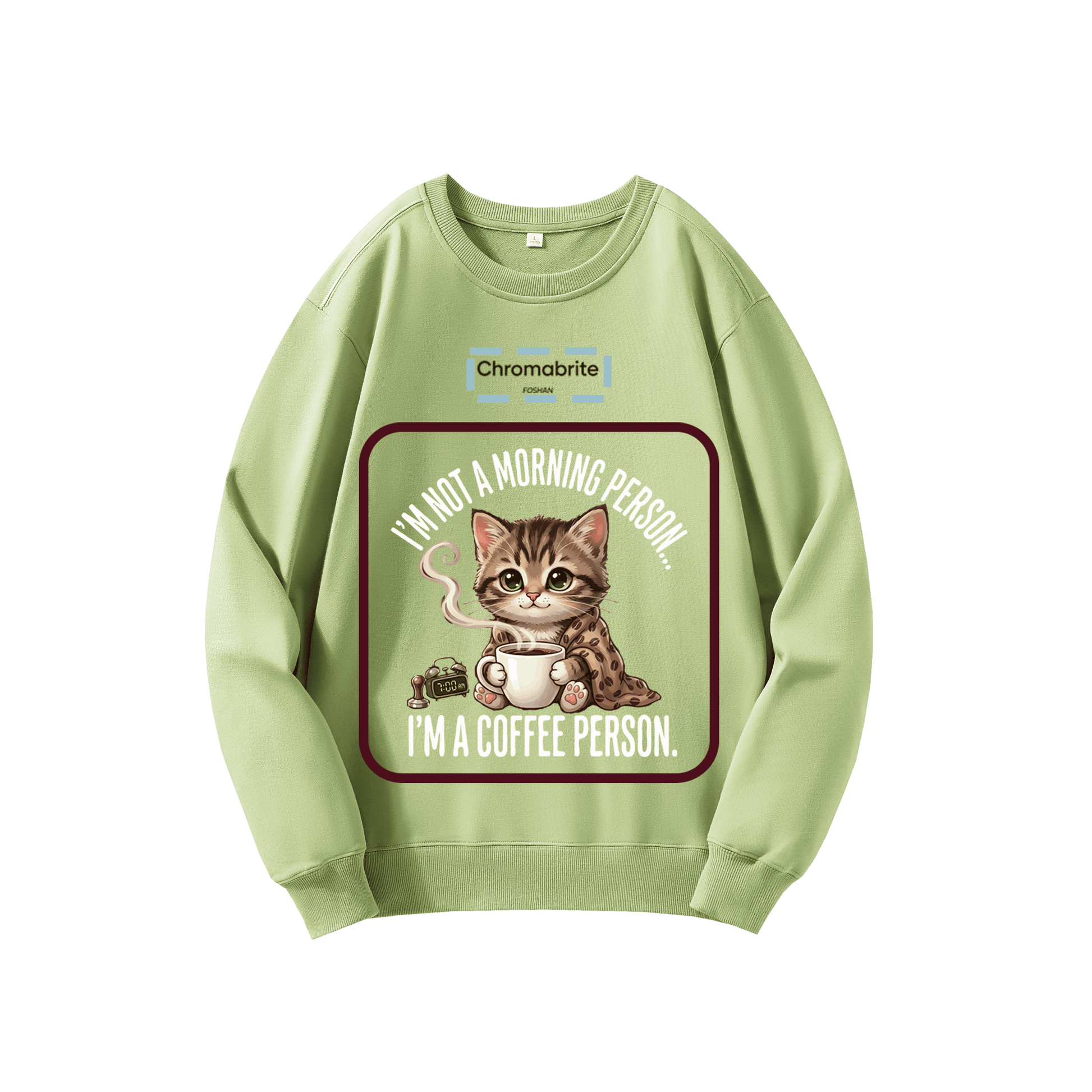 Funny Cat Coffee Graphic Crewneck Sweatshirt – “I’m Not A Morning Person, I’m A Coffee Person” Oversized Pullover ChromaBrite Clothing