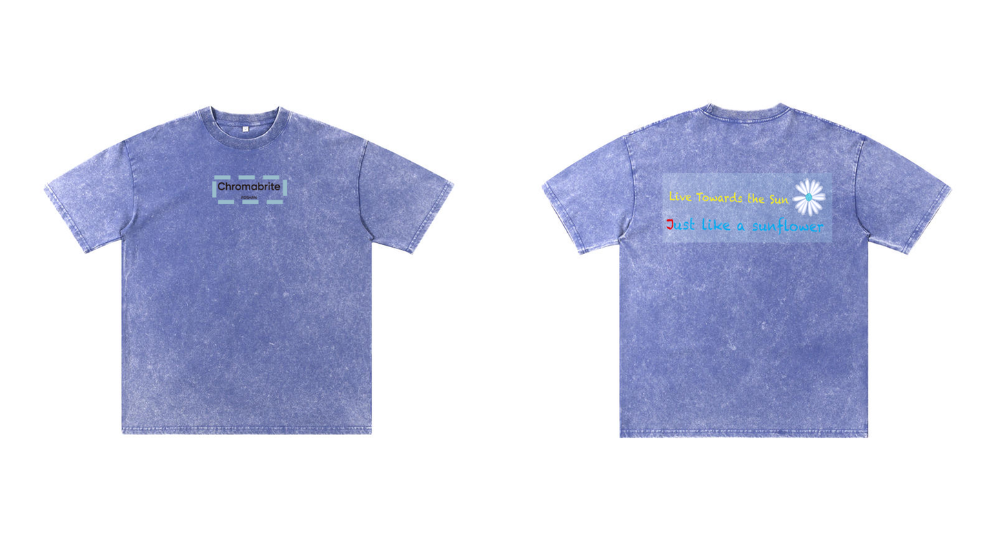 ChromaBrite Vintage Acid-Wash Oversized Graphic T-Shirt – "進行中" Wireframe Polyhedron Streetwear Unisex Tee ChromaBrite Clothing
