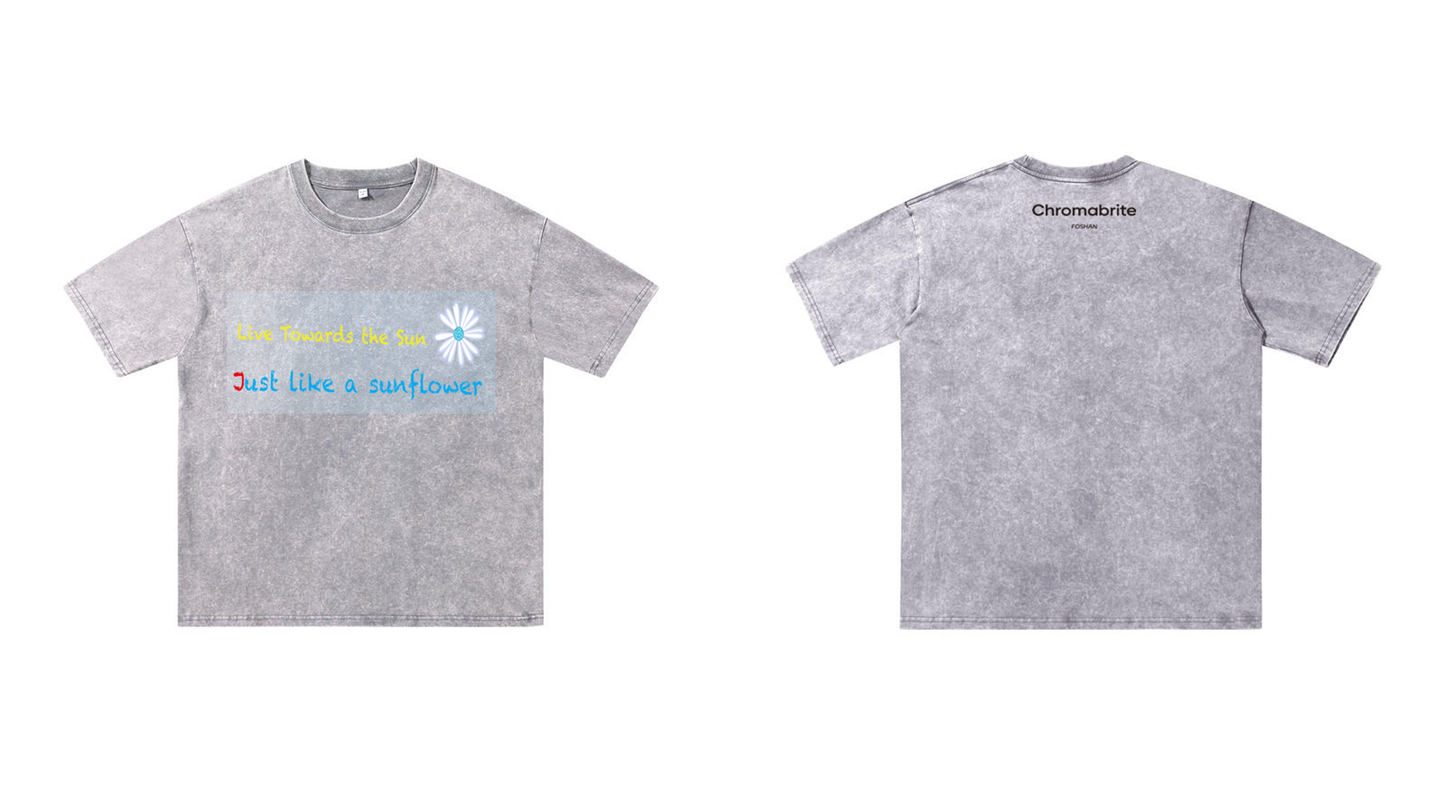 Chromabrite Vintage Acid-Wash Oversized Graphic T-Shirt – "Live Towards the Sun" Streetwear Sunflower Print Washed Cotton Tee ChromaBrite Clothing