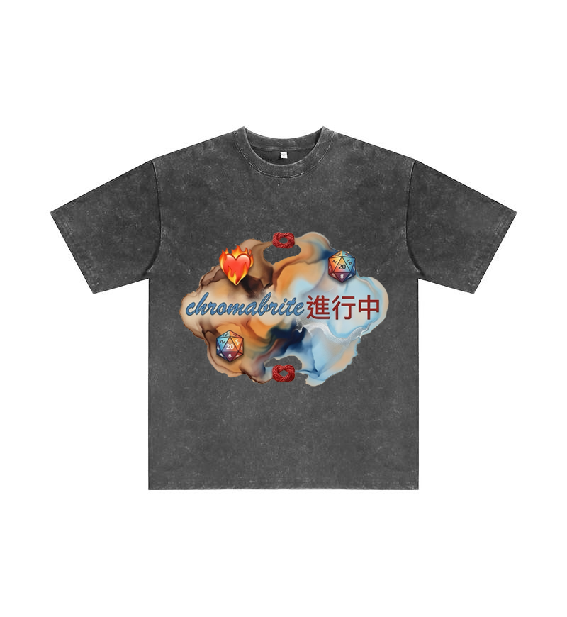 ChromaBrite Vintage Acid-Wash Oversized Graphic T-Shirt – Flaming Heart Dice "In Progress" Streetwear Tee ChromaBrite Clothing