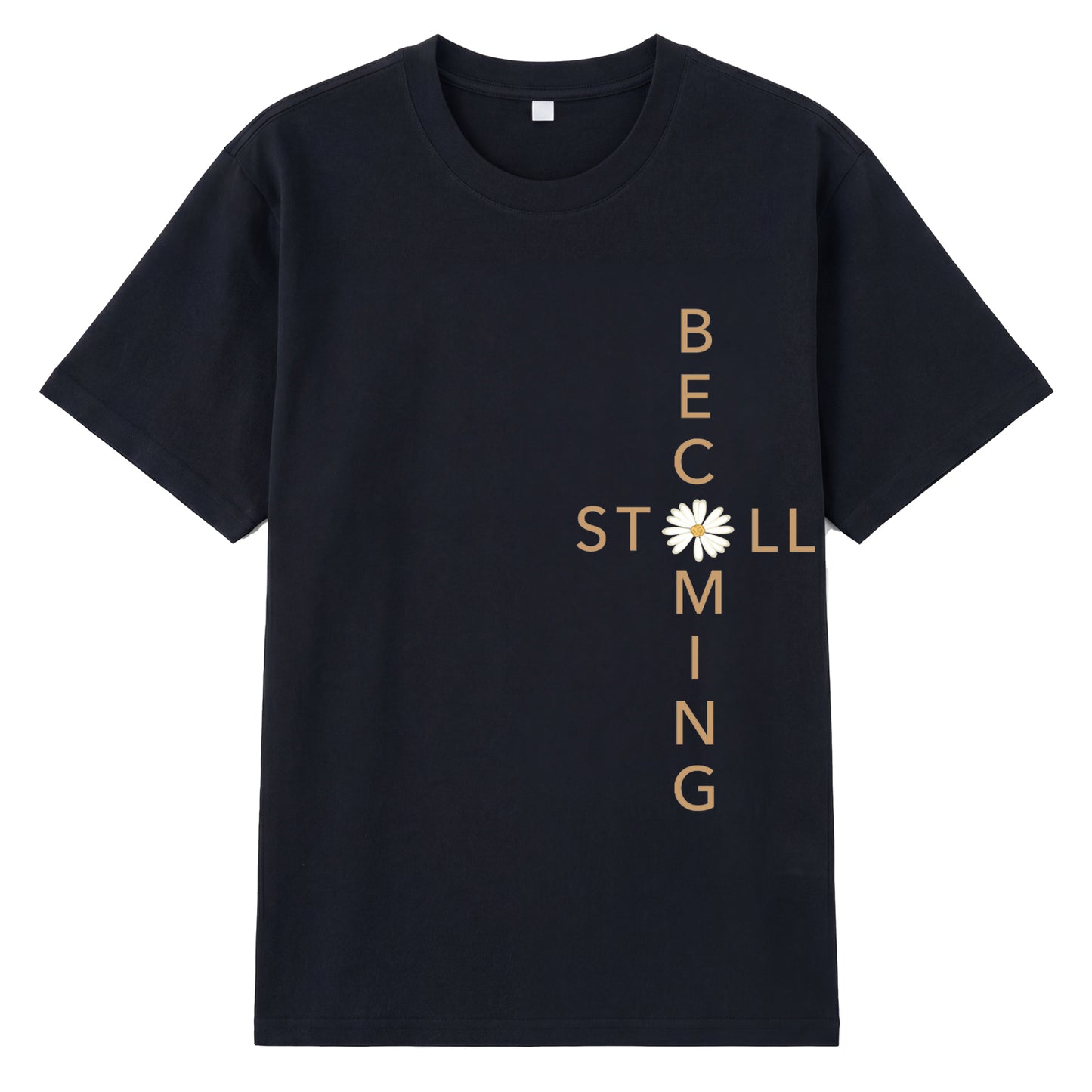 Detail view of black t恤 featuring Flower stillbecoming Staple Tee