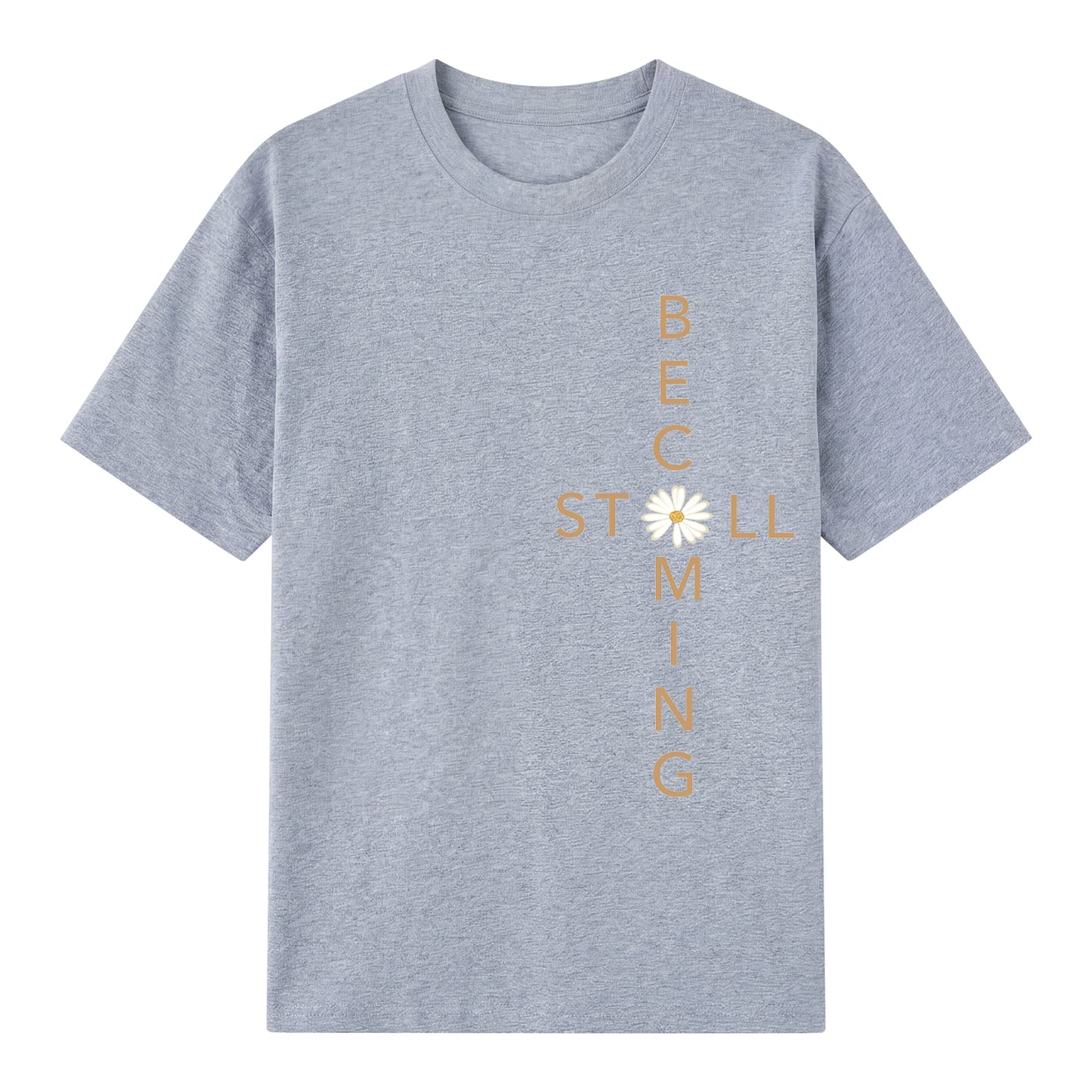 Detail view of gray t恤 featuring Flower stillbecoming Staple Tee