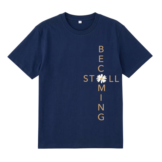 Front view of navy t恤 featuring Flower stillbecoming Staple Tee