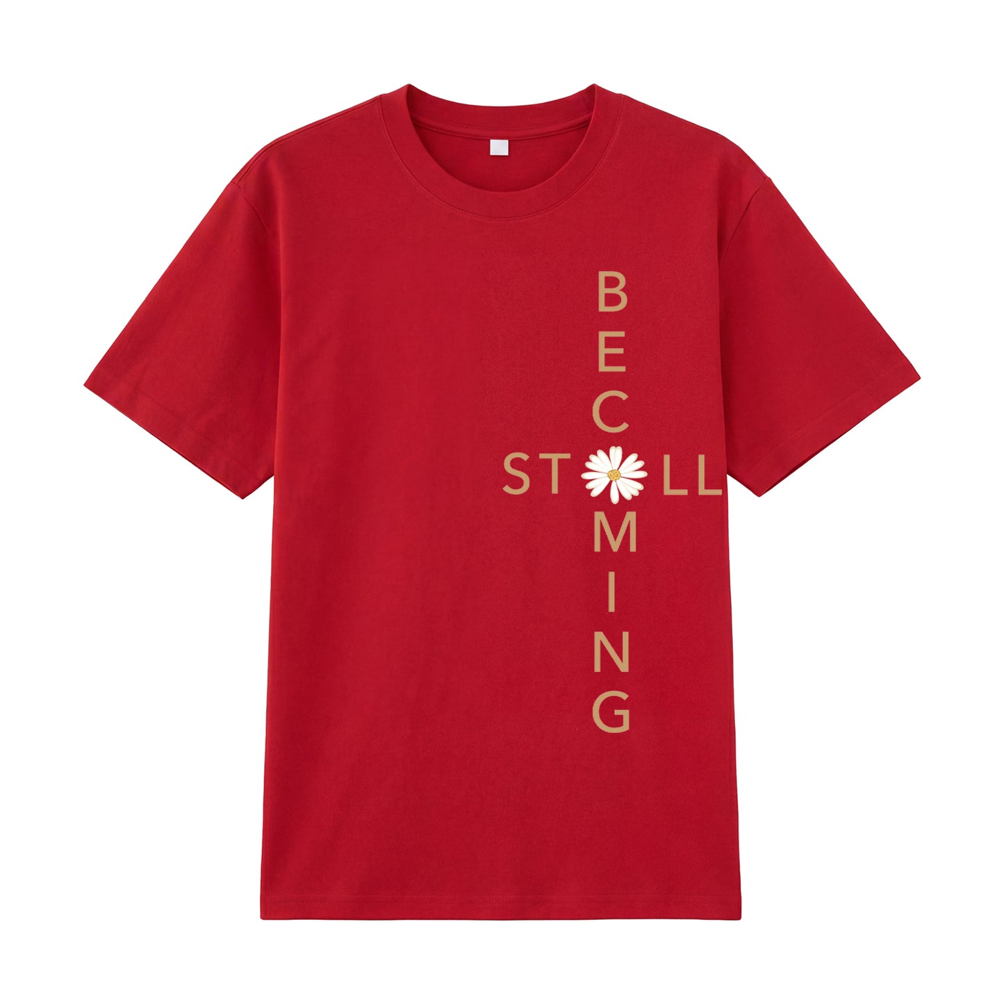 Detail view of red t恤 featuring Flower stillbecoming Staple Tee