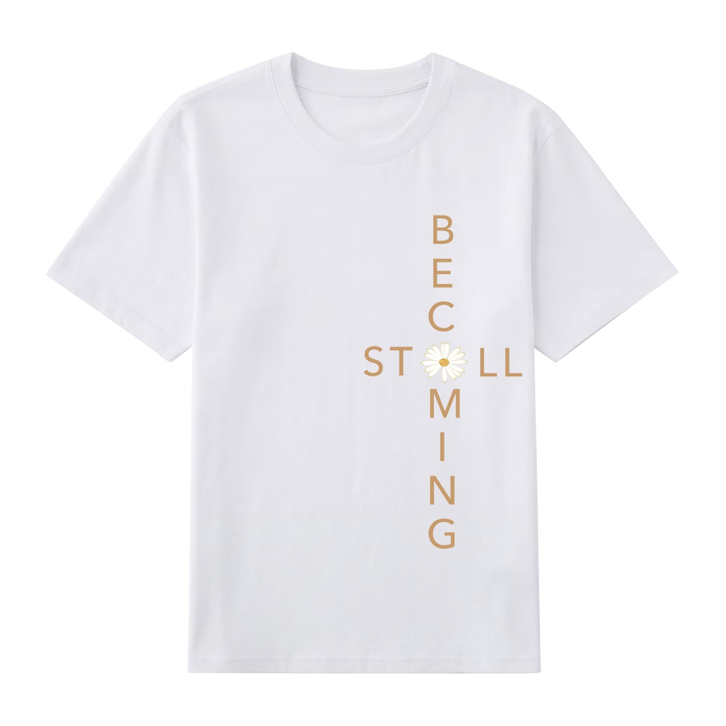Detail view of white t恤 featuring Flower stillbecoming Staple Tee