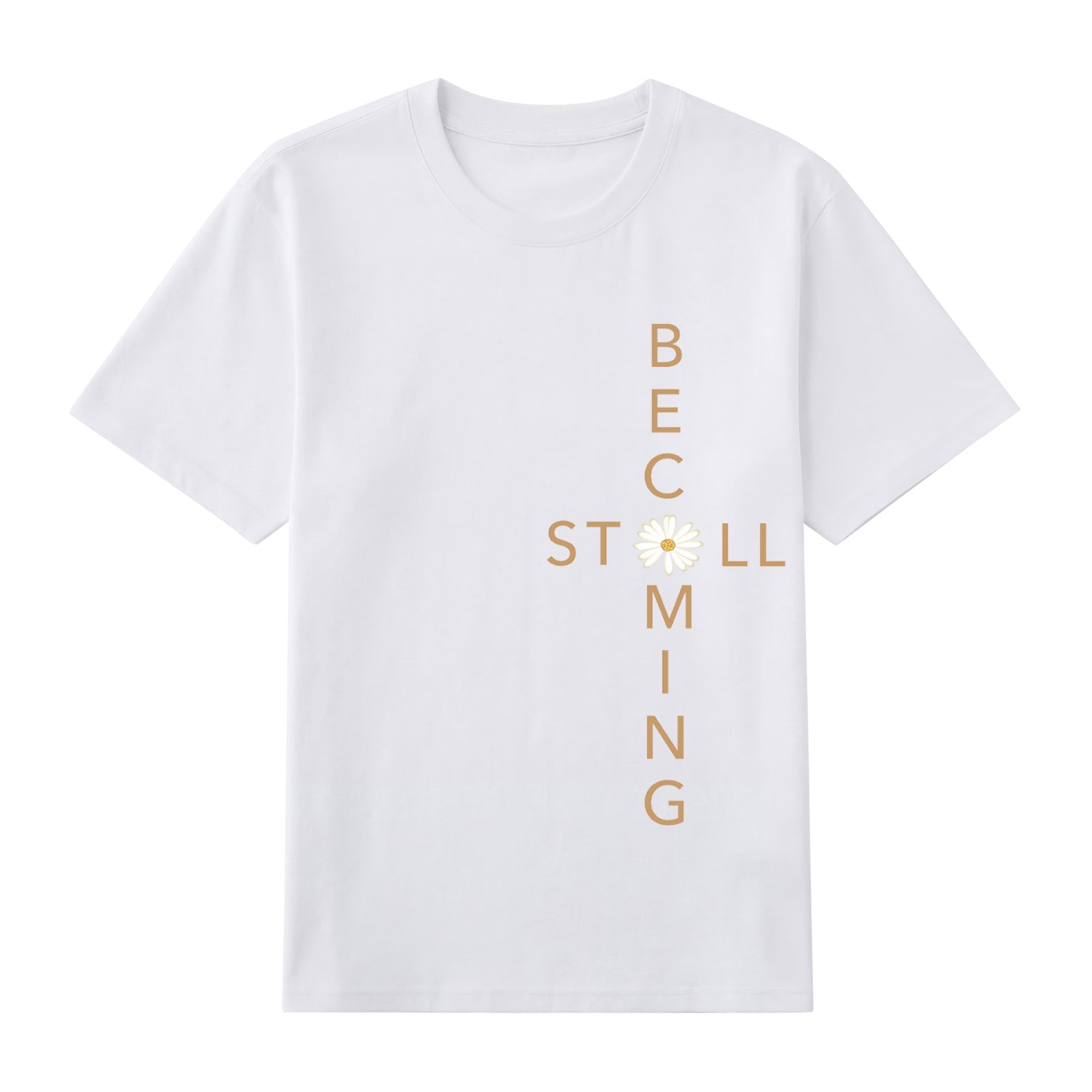 Detail view of white t恤 featuring Flower stillbecoming Staple Tee