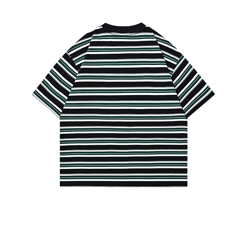 Back view of grey t恤 featuring Stripe Patch Pocket T-Shirt 240GSM | Relaxed Drop-Shoulder |