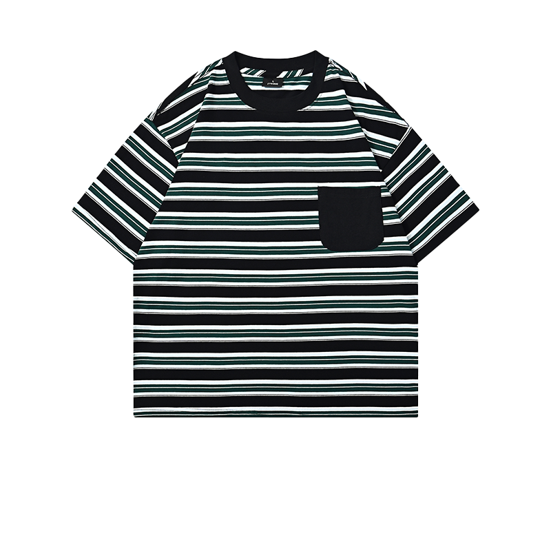 Front view of grey t恤 featuring Stripe Patch Pocket T-Shirt 240GSM | Relaxed Drop-Shoulder | - 展示3
