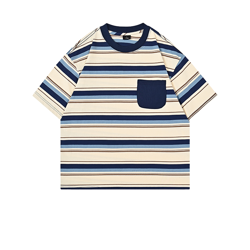 Front view of grey t恤 featuring Stripe Patch Pocket T-Shirt 240GSM | Relaxed Drop-Shoulder | - 展示2