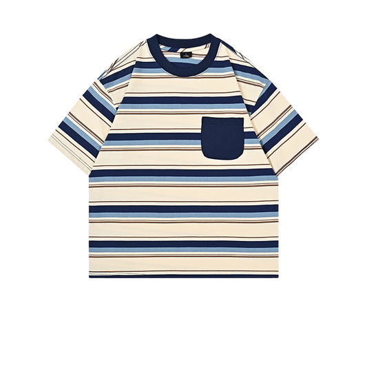 Front view of grey t恤 featuring Stripe Patch Pocket T-Shirt 240GSM | Relaxed Drop-Shoulder | - 展示2