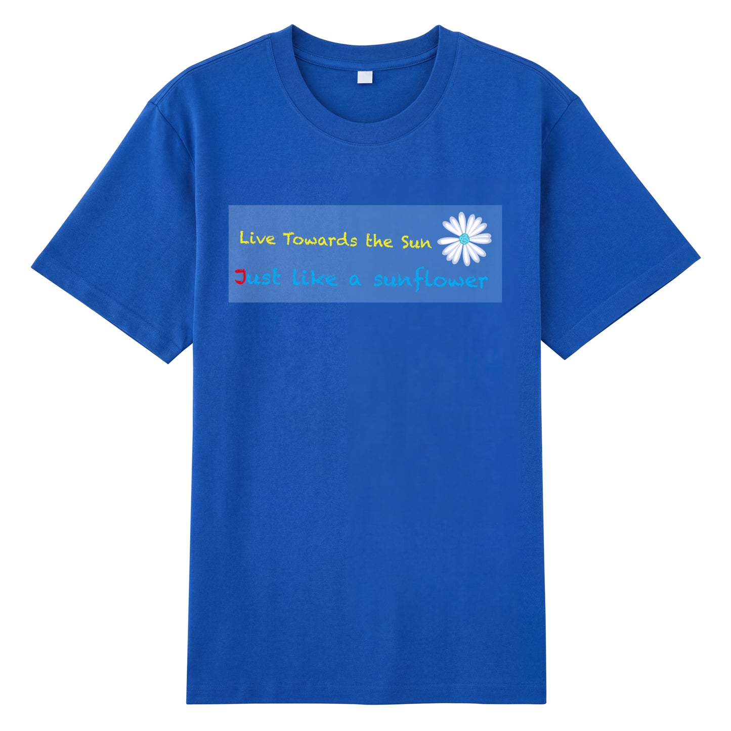 Front view of blue t恤 featuring Sunward Bloom Staple Tee