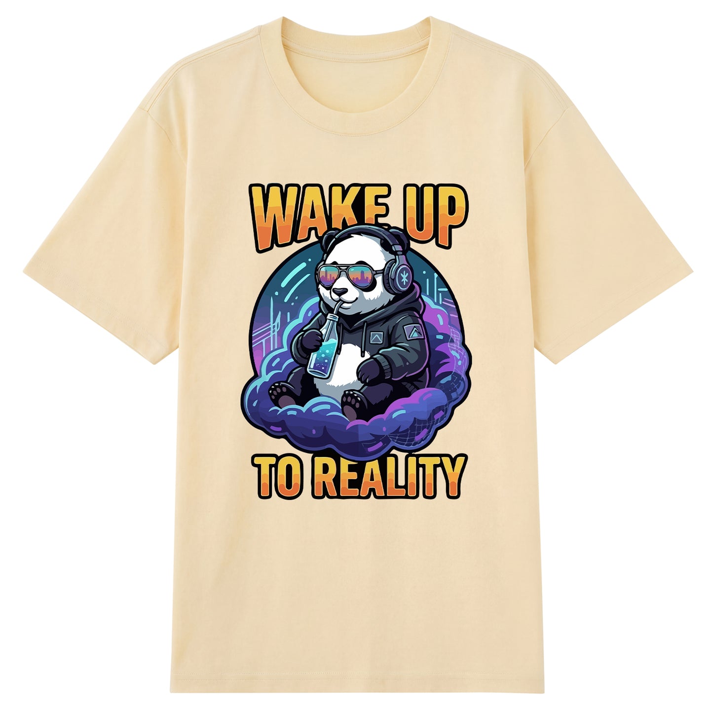 Detail view of beige t恤 featuring Wake up to reality Staple Tee